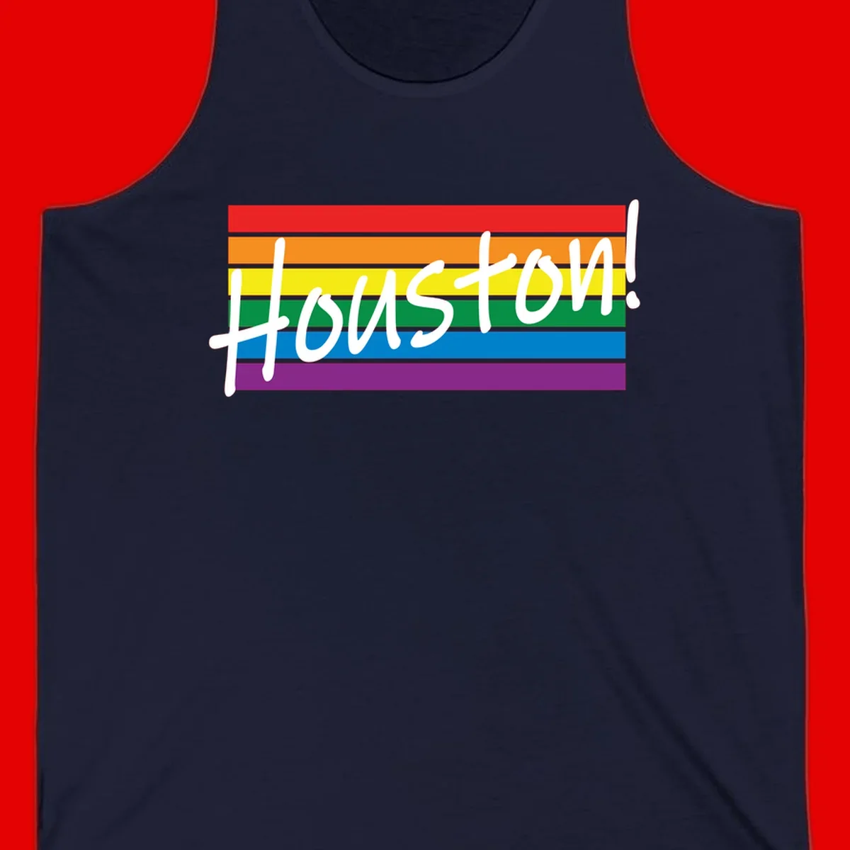 Houston pride celebration design with white handwritten text on rainbow flag stripes in red, orange, yellow, green, blue, and purple