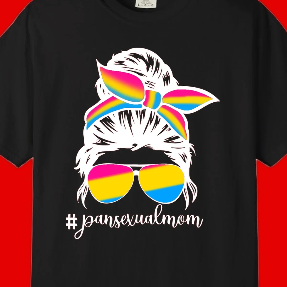 Illustrated pansexual mom pride design featuring a bearded figure with white hair wearing rainbow sunglasses and bow with #pansexualmom hashtag