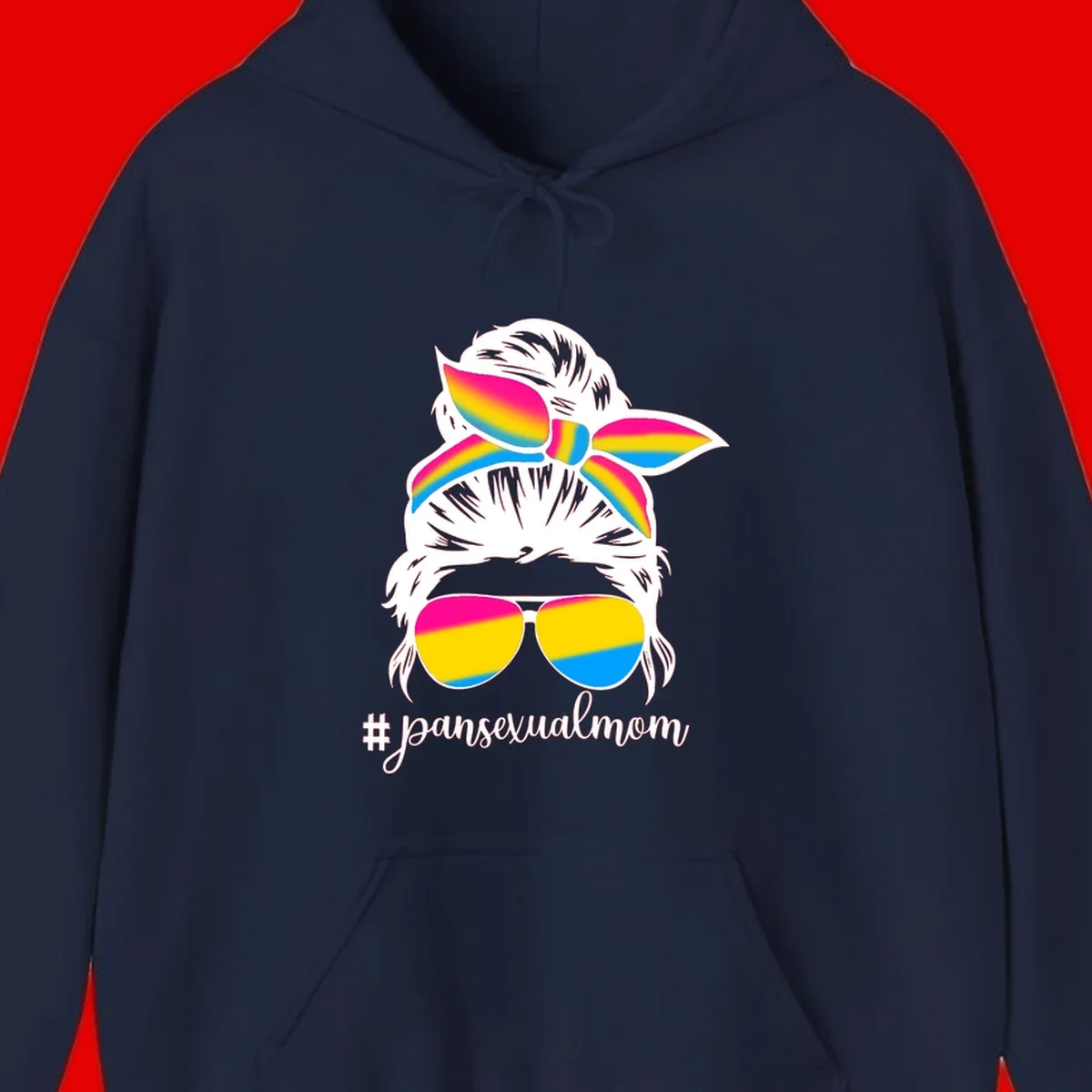 Illustrated pansexual mom pride design featuring a bearded figure with white hair wearing rainbow sunglasses and bow with #pansexualmom hashtag