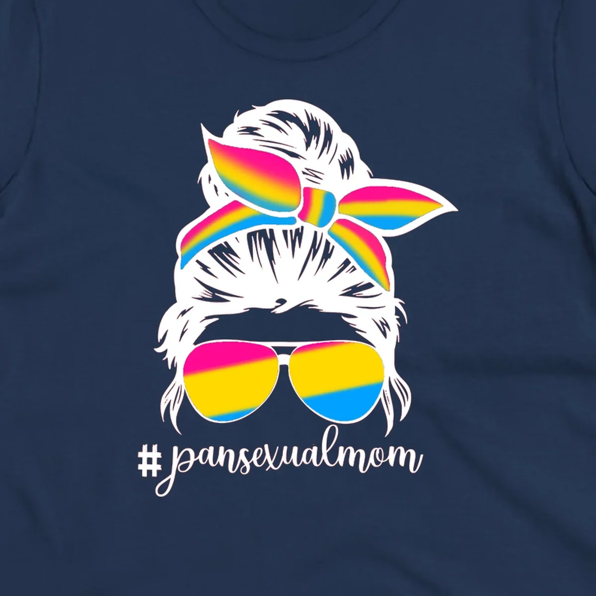 Illustrated pansexual mom pride design featuring a bearded figure with white hair wearing rainbow sunglasses and bow with #pansexualmom hashtag
