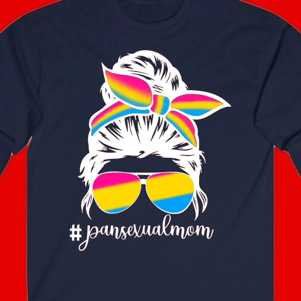 Illustrated pansexual mom pride design featuring a bearded figure with white hair wearing rainbow sunglasses and bow with #pansexualmom hashtag