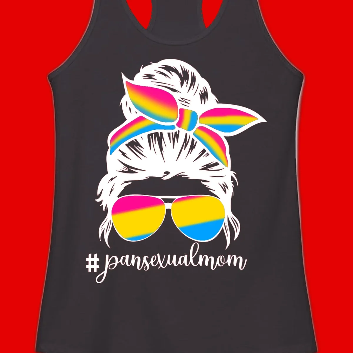 Illustrated pansexual mom pride design featuring a bearded figure with white hair wearing rainbow sunglasses and bow with #pansexualmom hashtag