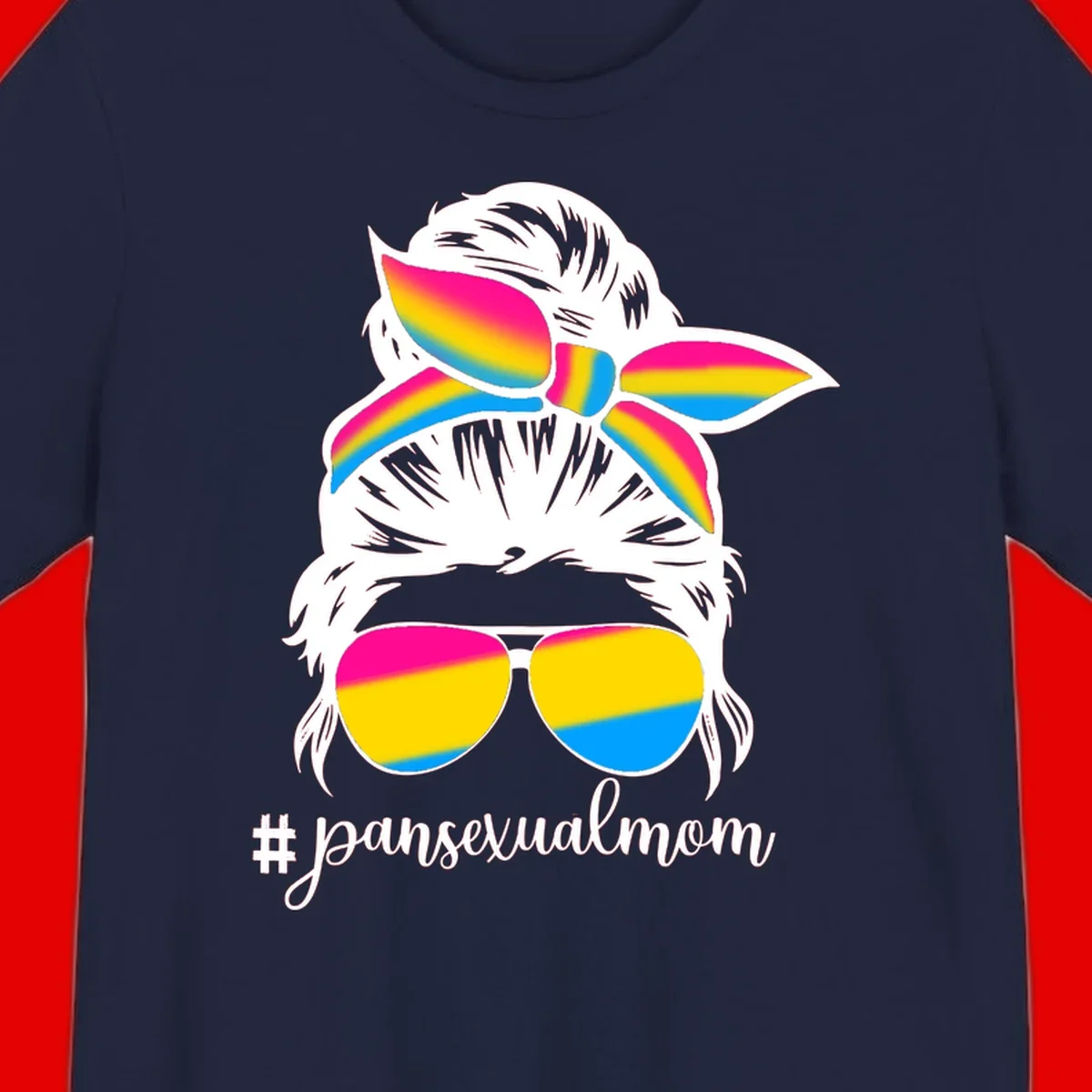 Illustrated pansexual mom pride design featuring a bearded figure with white hair wearing rainbow sunglasses and bow with #pansexualmom hashtag