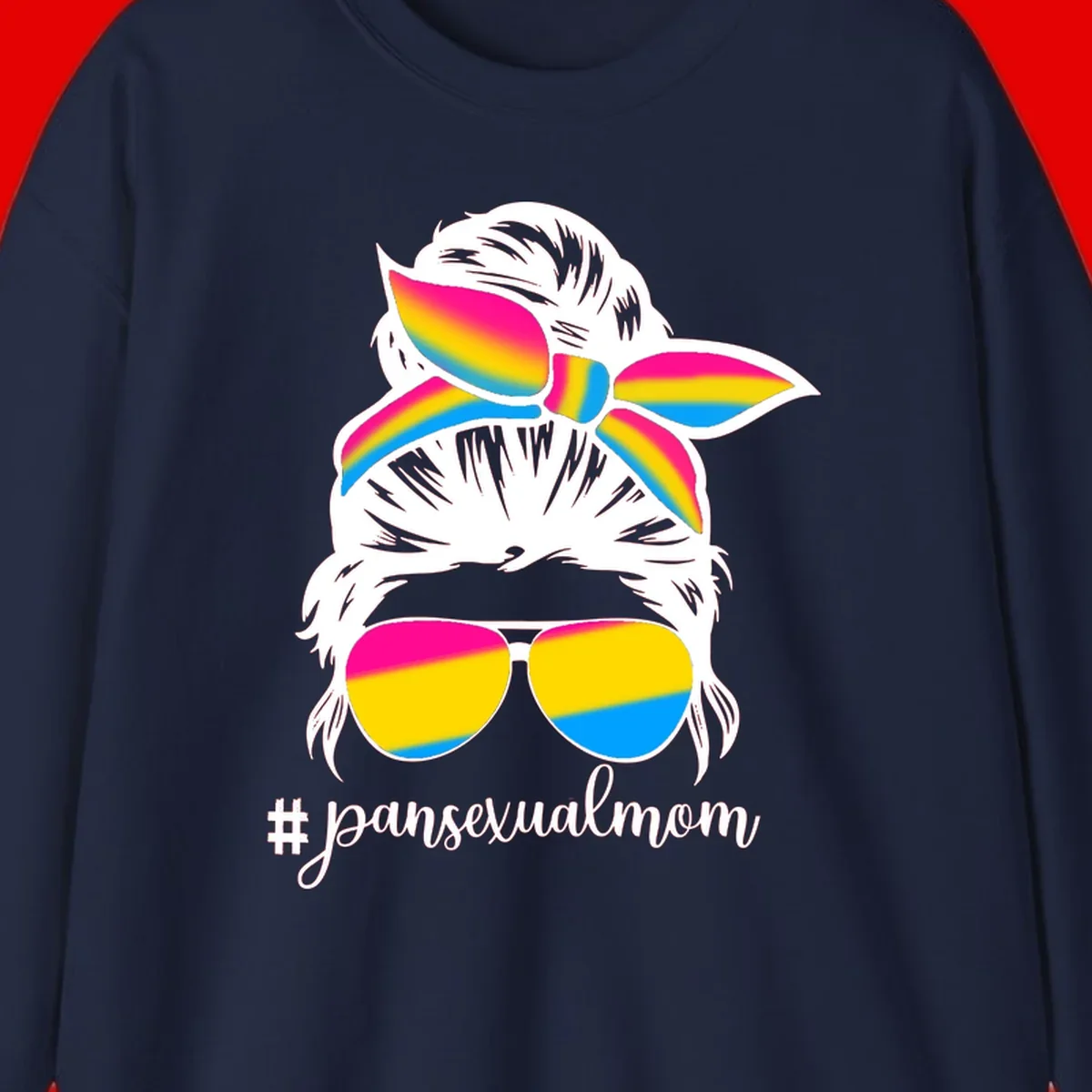 Illustrated pansexual mom pride design featuring a bearded figure with white hair wearing rainbow sunglasses and bow with #pansexualmom hashtag