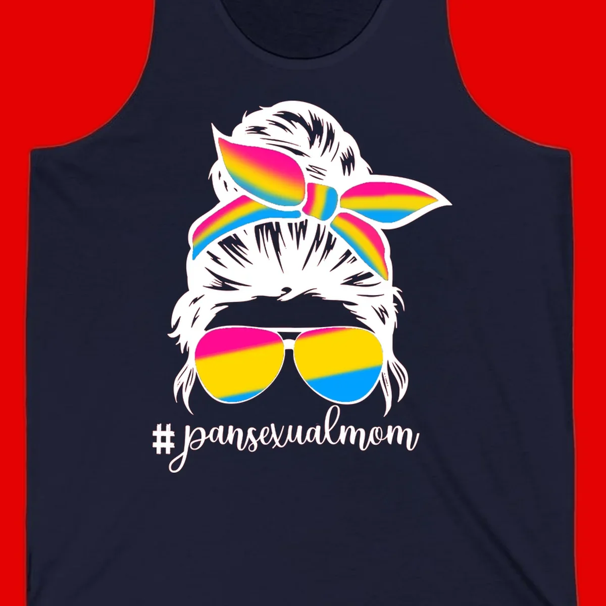 Illustrated pansexual mom pride design featuring a bearded figure with white hair wearing rainbow sunglasses and bow with #pansexualmom hashtag