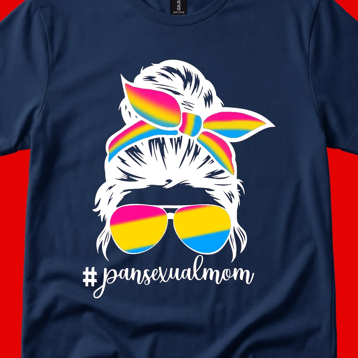 Illustrated pansexual mom pride design featuring a bearded figure with white hair wearing rainbow sunglasses and bow with #pansexualmom hashtag