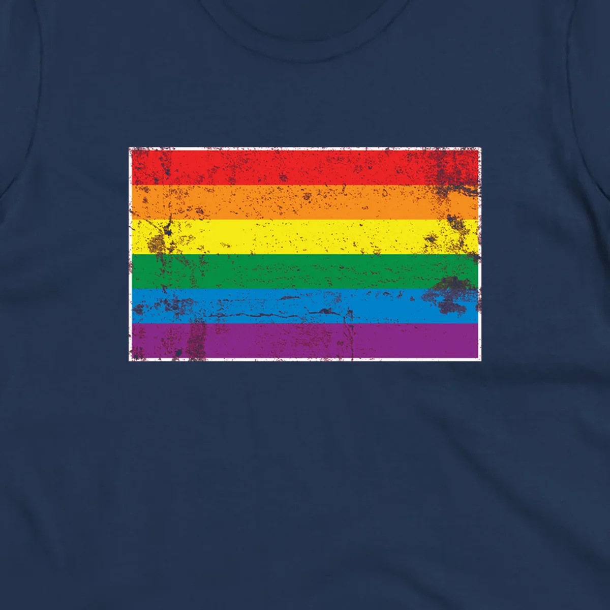 Distressed rainbow pride flag with six horizontal color stripes: red, orange, yellow, green, blue, and purple with grunge texture