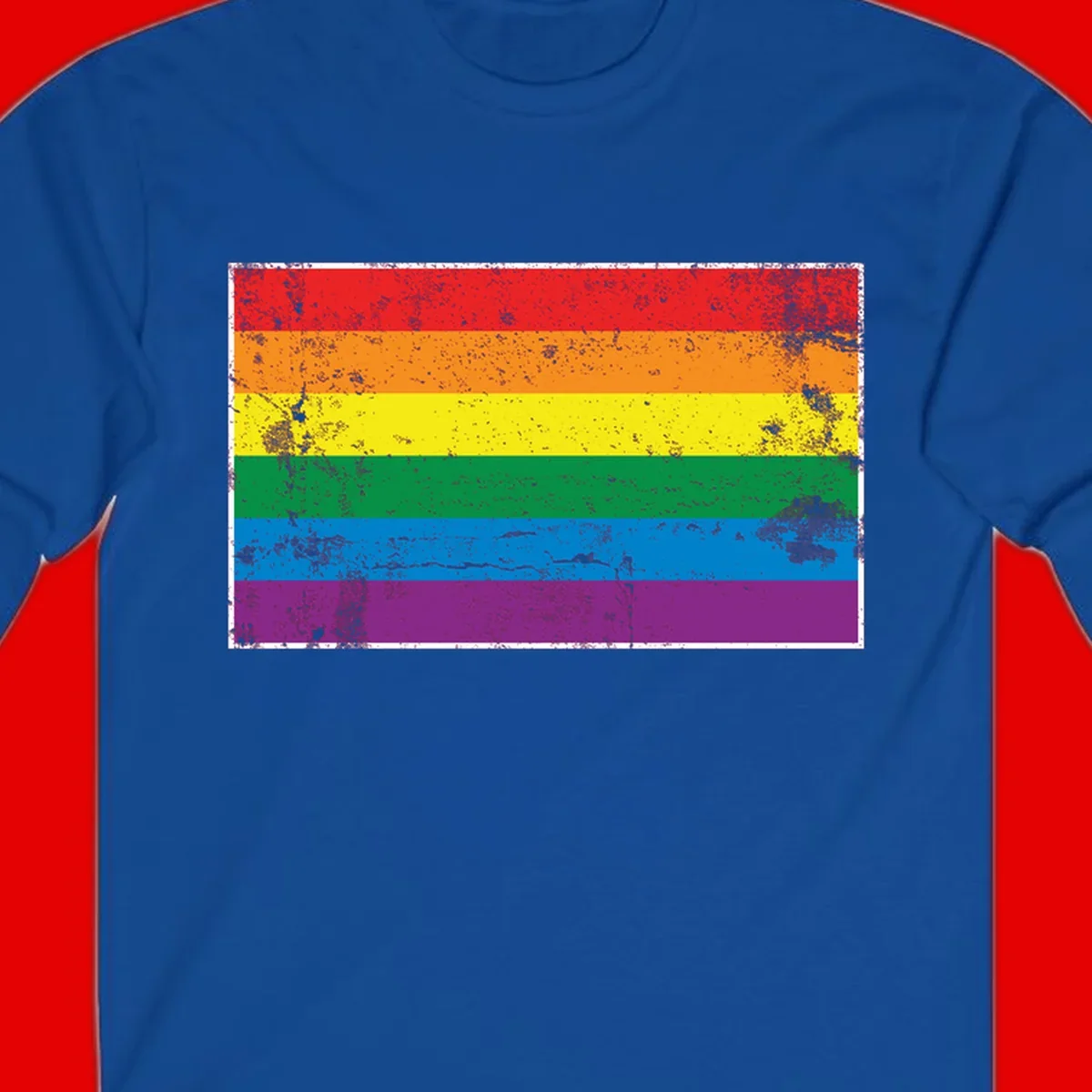 Distressed rainbow pride flag with six horizontal color stripes: red, orange, yellow, green, blue, and purple with grunge texture