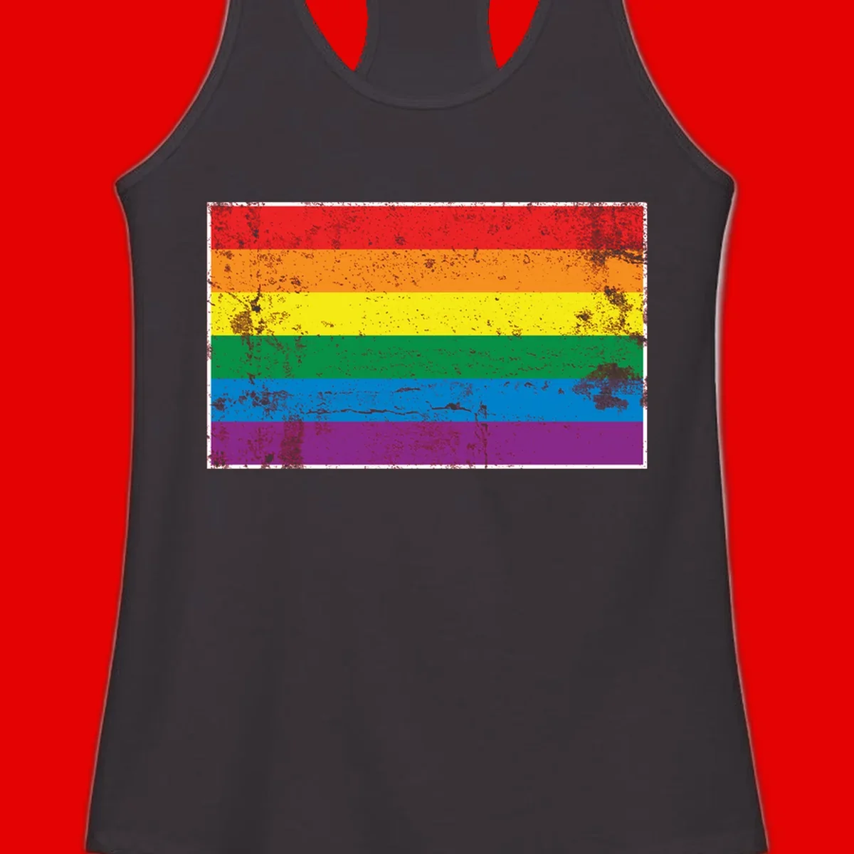 Distressed rainbow pride flag with six horizontal color stripes: red, orange, yellow, green, blue, and purple with grunge texture