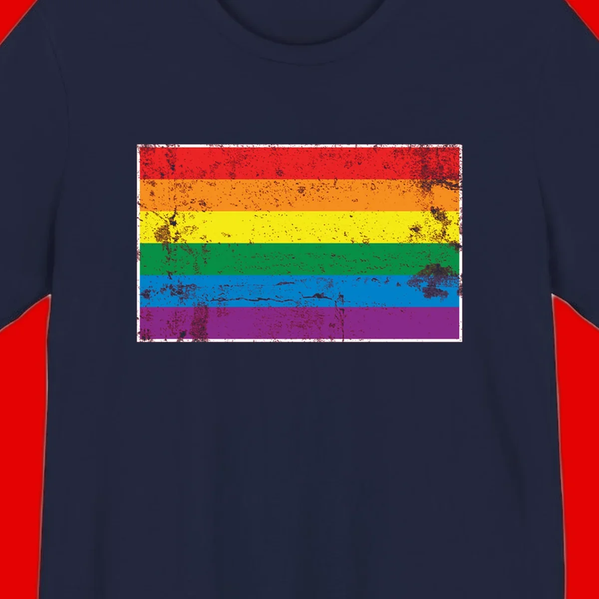 Distressed rainbow pride flag with six horizontal color stripes: red, orange, yellow, green, blue, and purple with grunge texture