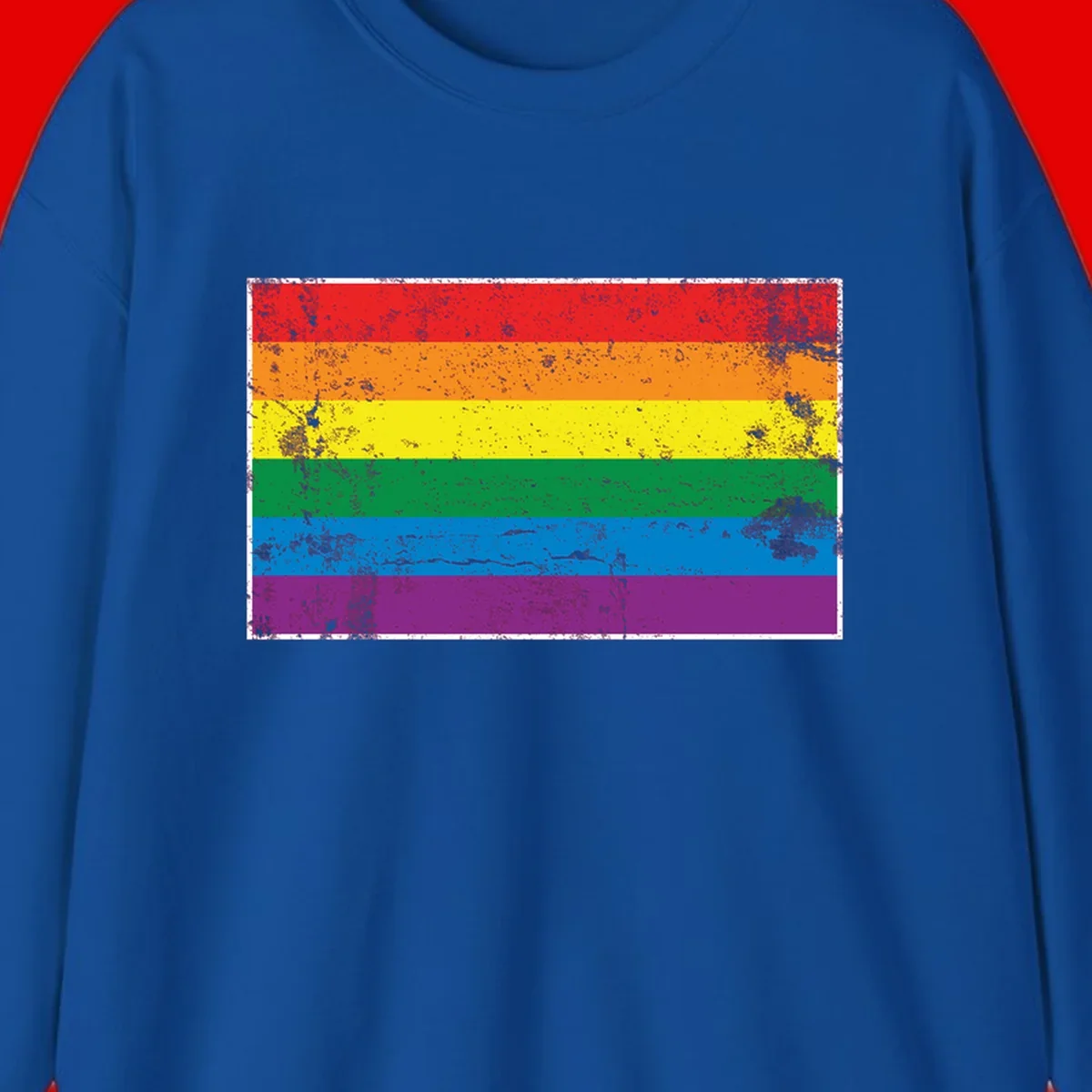 Distressed rainbow pride flag with six horizontal color stripes: red, orange, yellow, green, blue, and purple with grunge texture