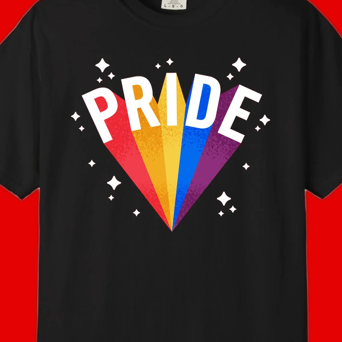 Rainbow pride fan design with colorful stripes in red, orange, yellow, blue, and purple radiating outward with white PRIDE text and decorative sparkles
