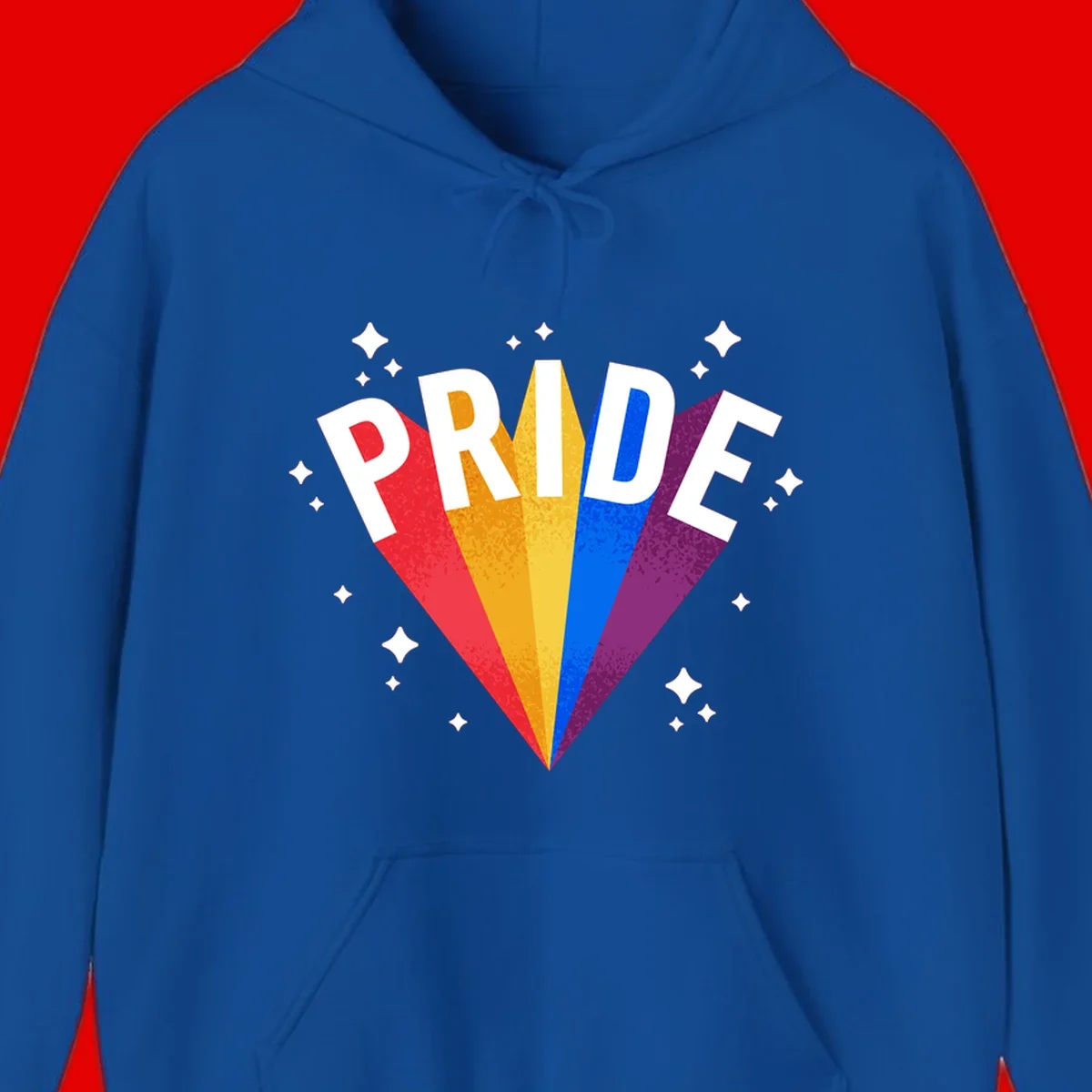 Rainbow pride fan design with colorful stripes in red, orange, yellow, blue, and purple radiating outward with white PRIDE text and decorative sparkles
