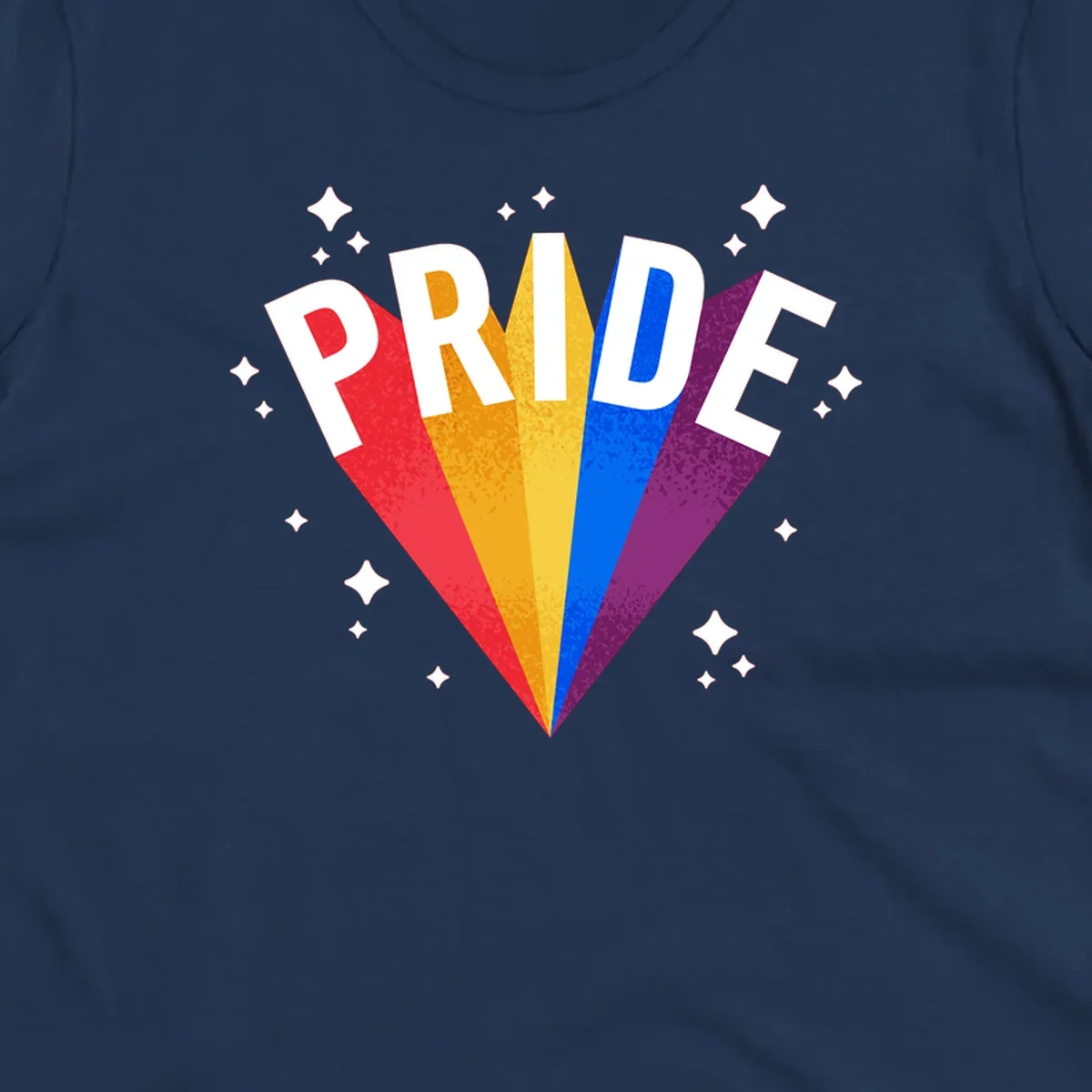 Rainbow pride fan design with colorful stripes in red, orange, yellow, blue, and purple radiating outward with white PRIDE text and decorative sparkles