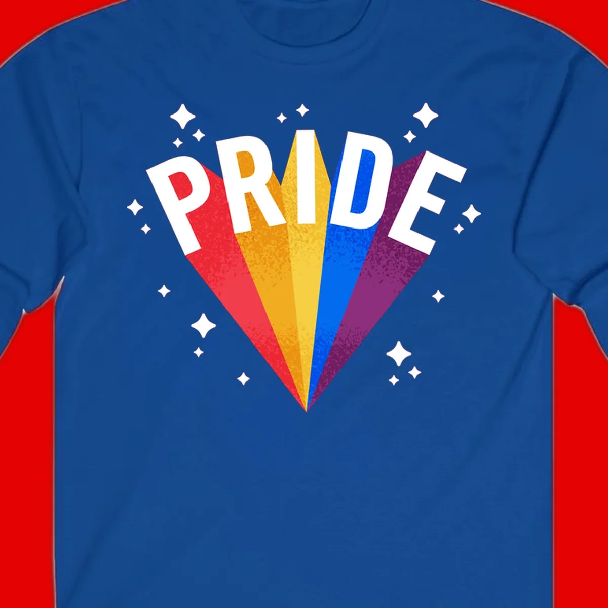 Rainbow pride fan design with colorful stripes in red, orange, yellow, blue, and purple radiating outward with white PRIDE text and decorative sparkles