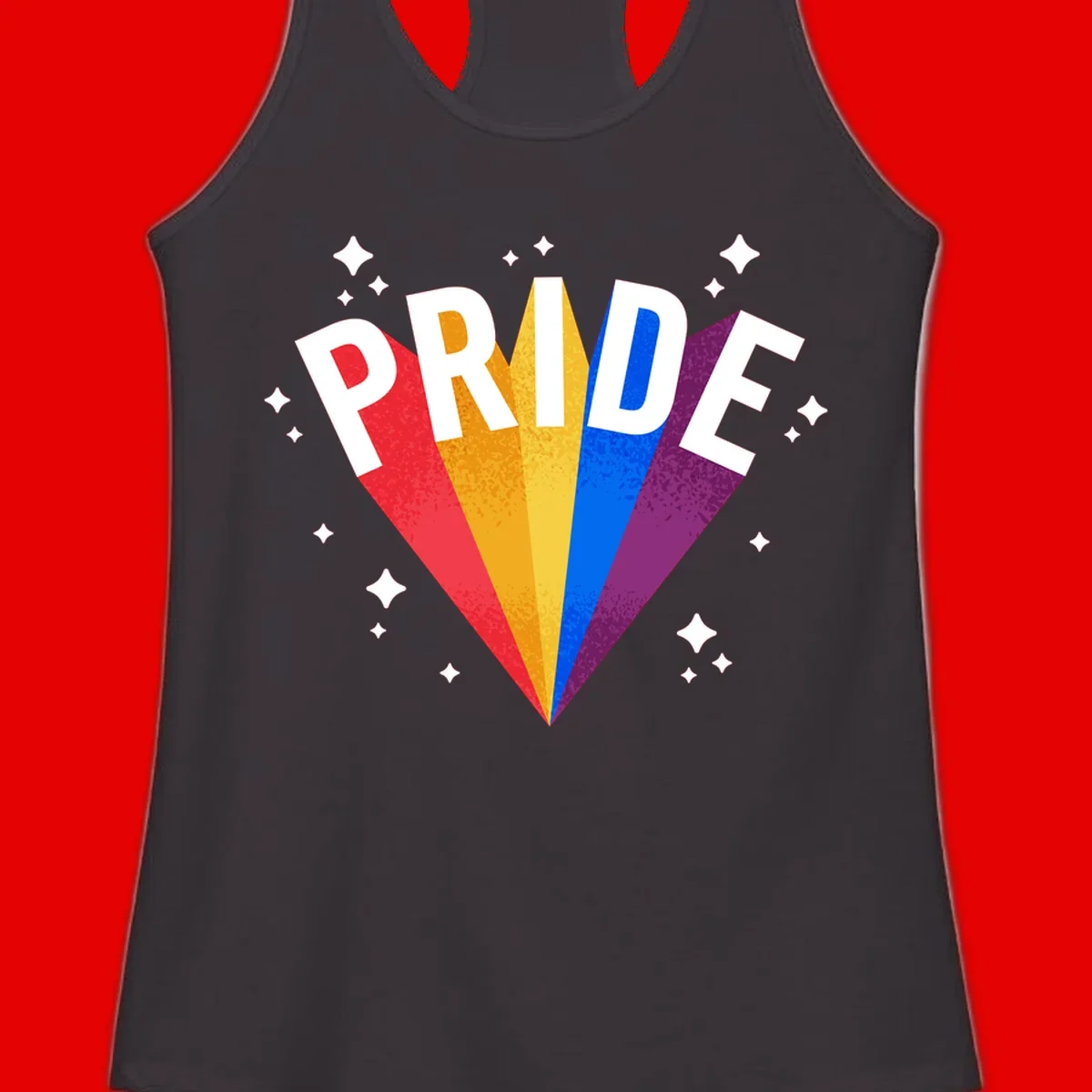 Rainbow pride fan design with colorful stripes in red, orange, yellow, blue, and purple radiating outward with white PRIDE text and decorative sparkles