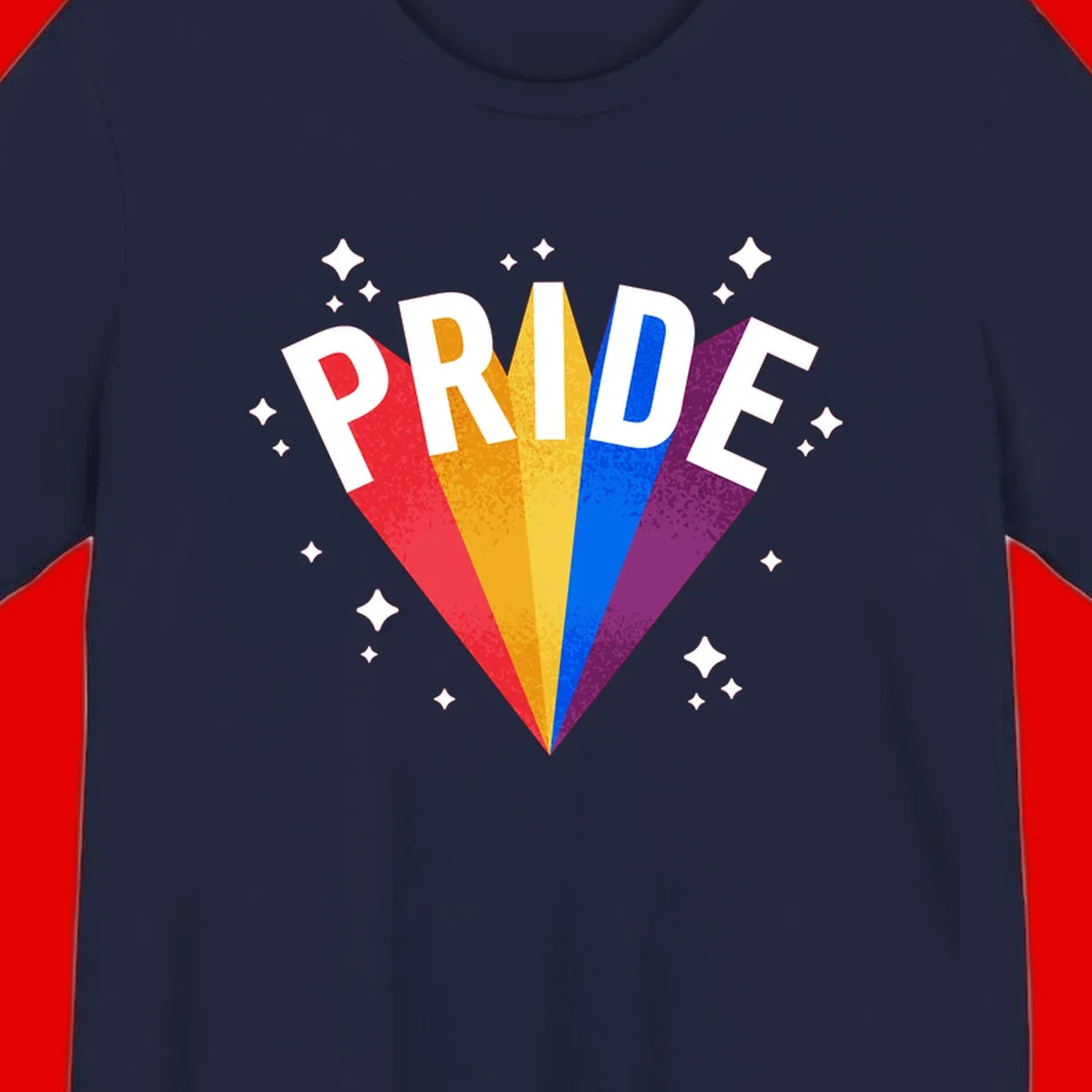 Rainbow pride fan design with colorful stripes in red, orange, yellow, blue, and purple radiating outward with white PRIDE text and decorative sparkles