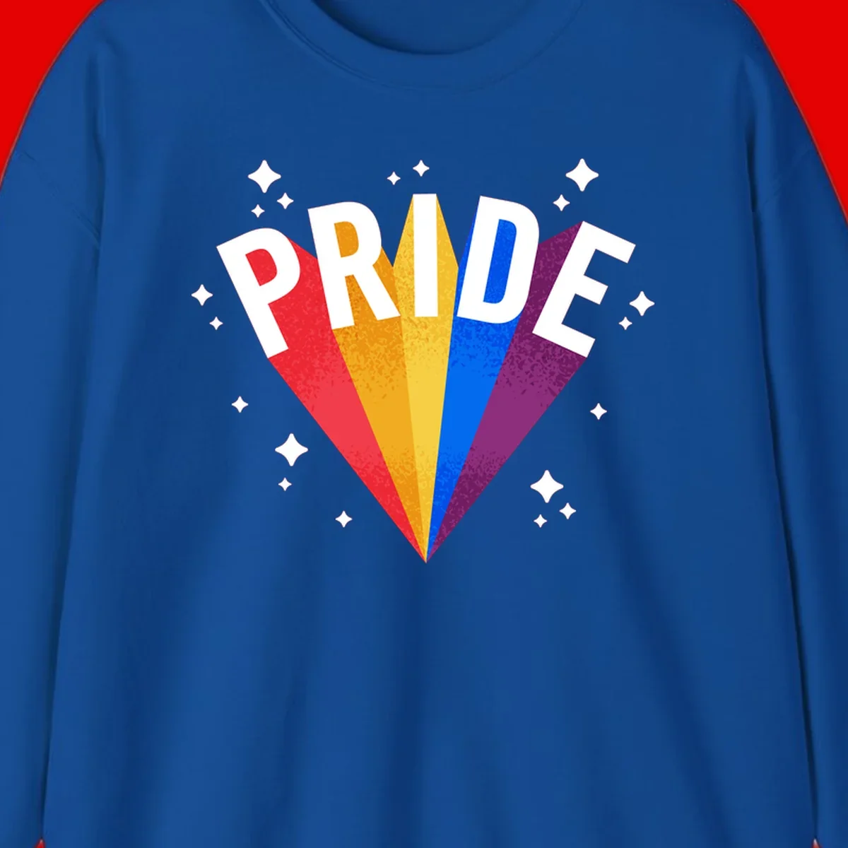 Rainbow pride fan design with colorful stripes in red, orange, yellow, blue, and purple radiating outward with white PRIDE text and decorative sparkles