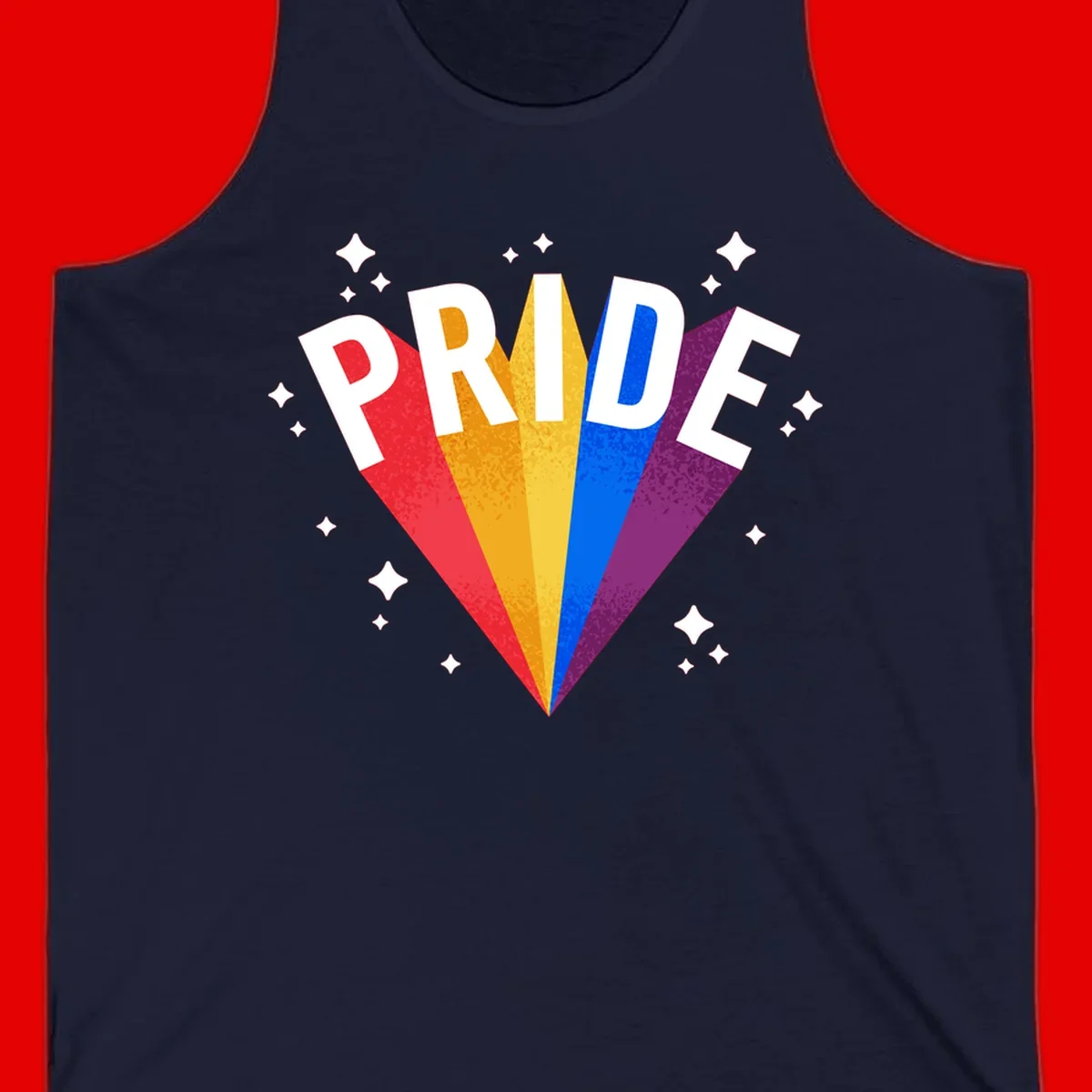 Rainbow pride fan design with colorful stripes in red, orange, yellow, blue, and purple radiating outward with white PRIDE text and decorative sparkles