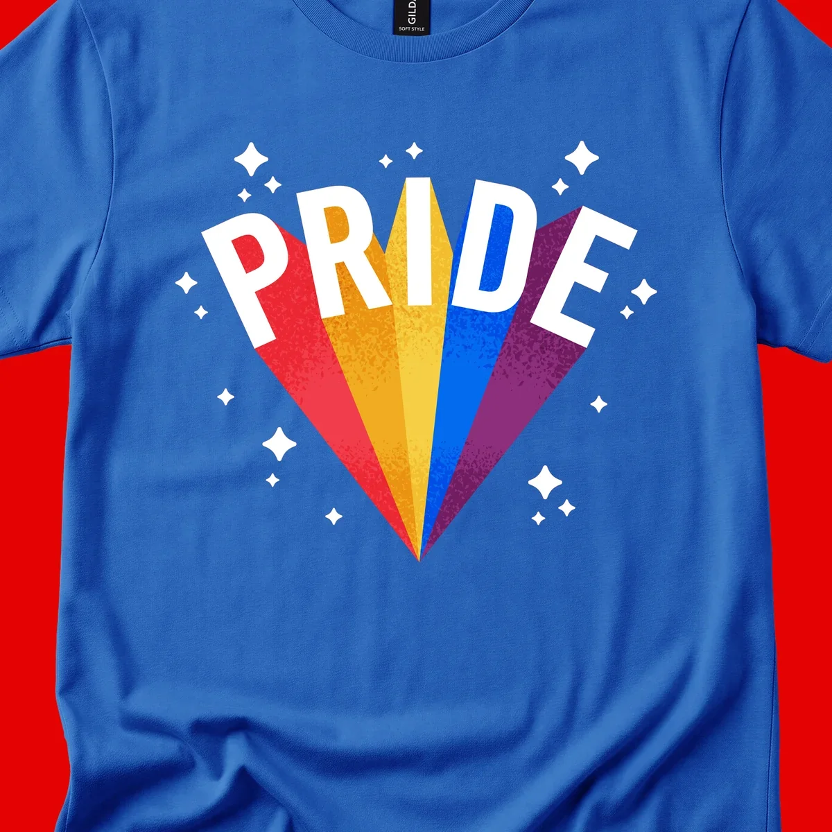 Rainbow pride fan design with colorful stripes in red, orange, yellow, blue, and purple radiating outward with white PRIDE text and decorative sparkles