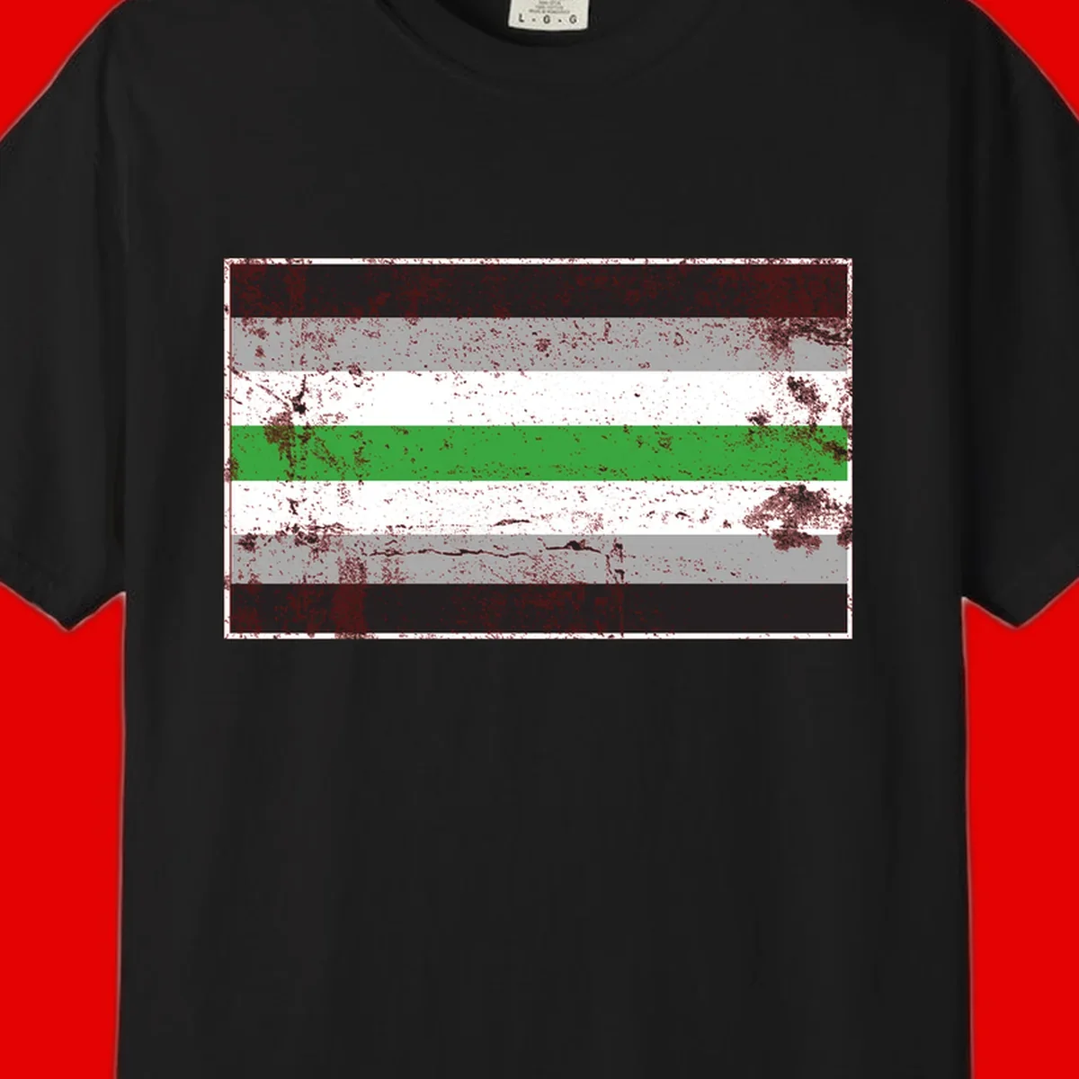 Demigender pride flag with black, gray, white, and green horizontal stripes in distressed grunge texture