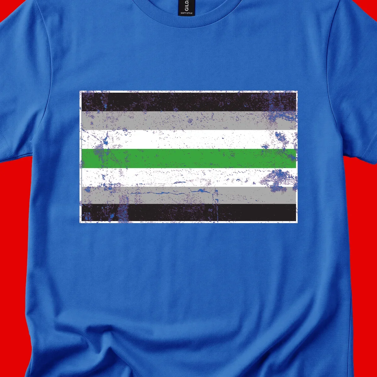 Demigender pride flag with black, gray, white, and green horizontal stripes in distressed grunge texture