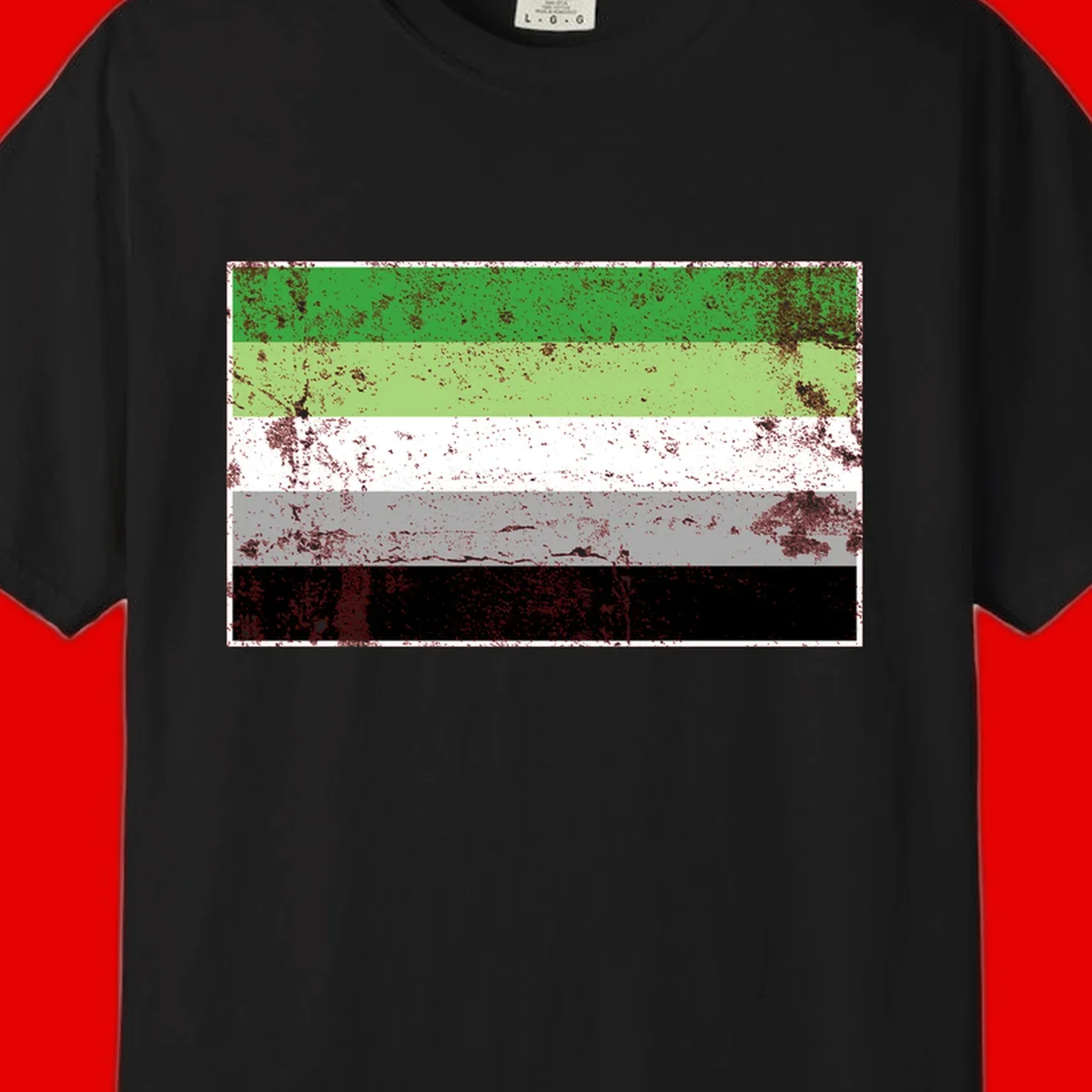 Demigender pride flag with five horizontal stripes in green, white, gray, and black with distressed grunge texture