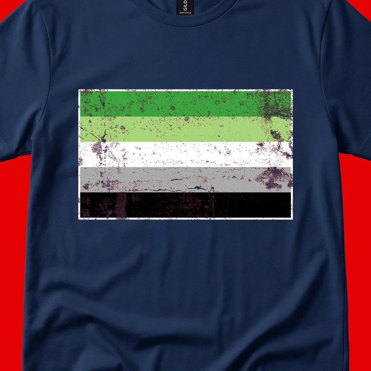 Demigender pride flag with five horizontal stripes in green, white, gray, and black with distressed grunge texture