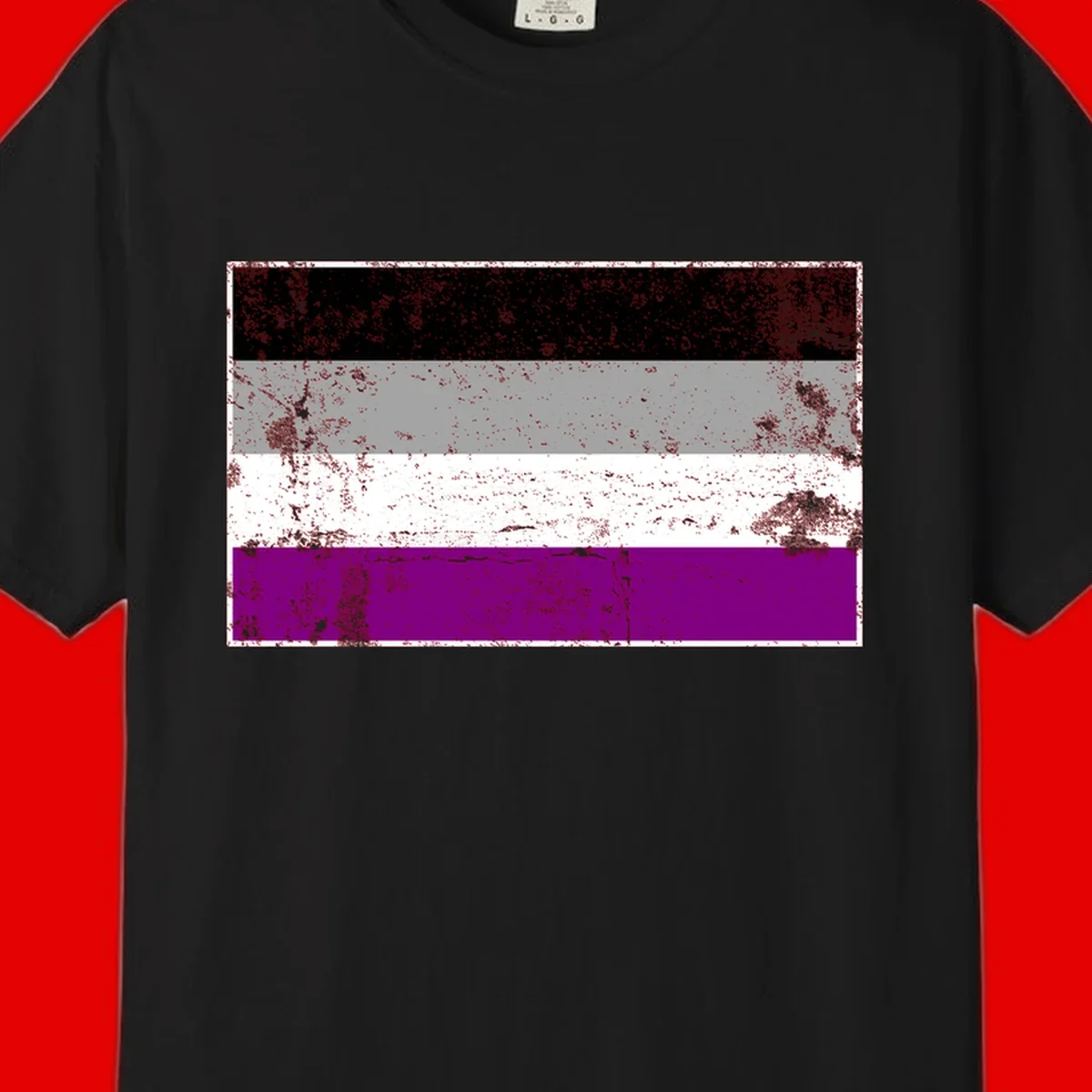 Distressed asexual pride flag with black, gray, white, and purple horizontal stripes with grunge texture overlay