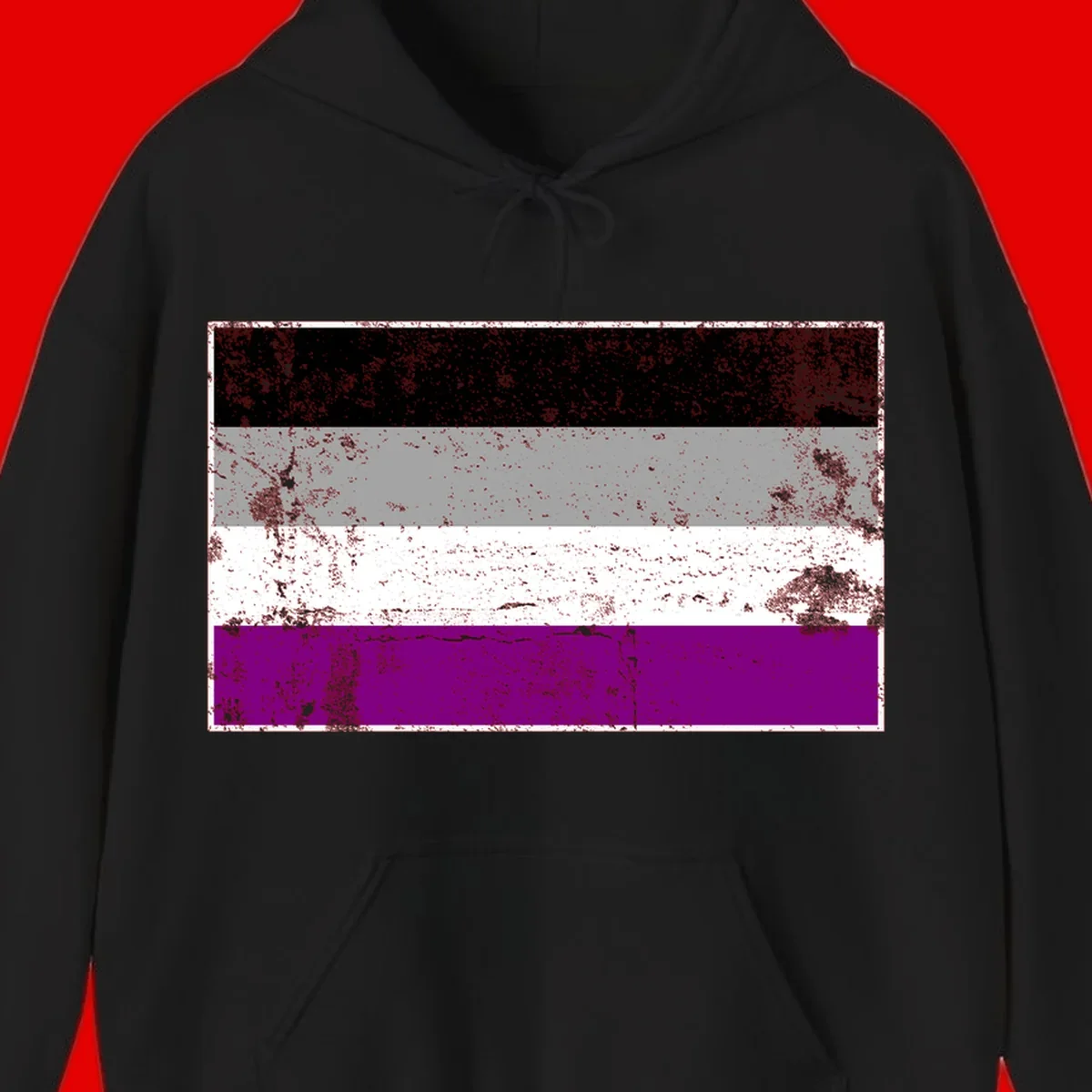Distressed asexual pride flag with black, gray, white, and purple horizontal stripes with grunge texture overlay