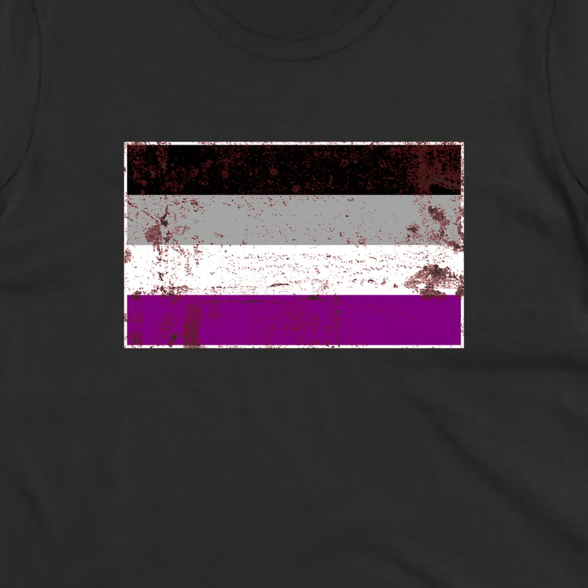 Distressed asexual pride flag with black, gray, white, and purple horizontal stripes with grunge texture overlay