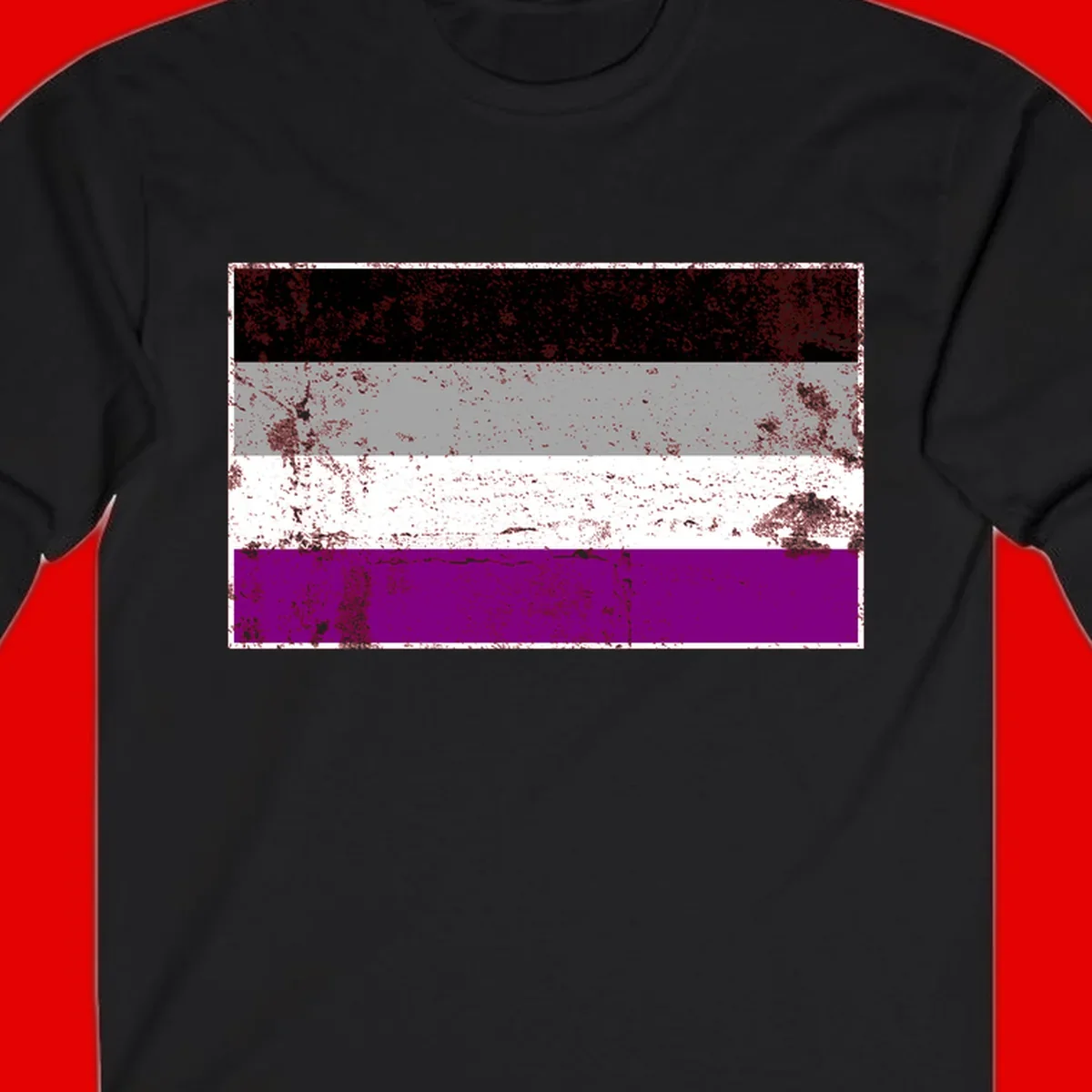 Distressed asexual pride flag with black, gray, white, and purple horizontal stripes with grunge texture overlay