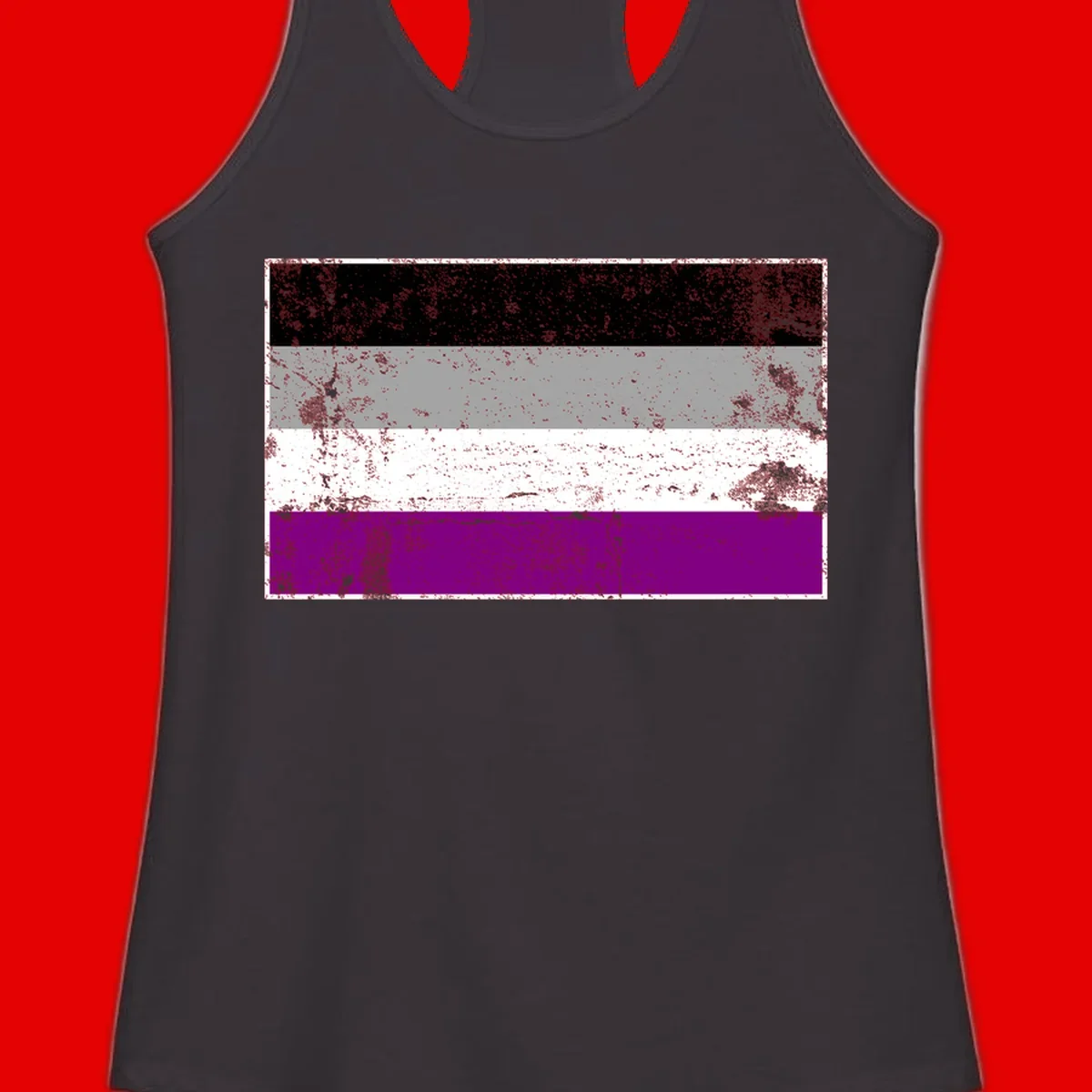 Distressed asexual pride flag with black, gray, white, and purple horizontal stripes with grunge texture overlay