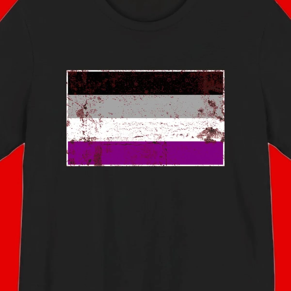 Distressed asexual pride flag with black, gray, white, and purple horizontal stripes with grunge texture overlay