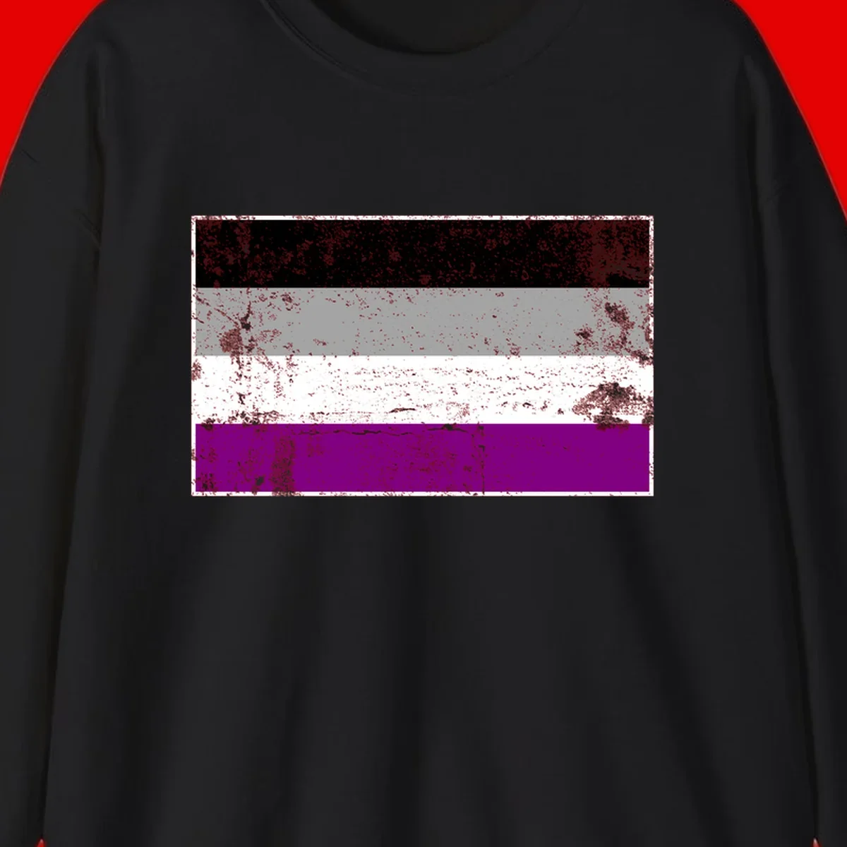 Distressed asexual pride flag with black, gray, white, and purple horizontal stripes with grunge texture overlay
