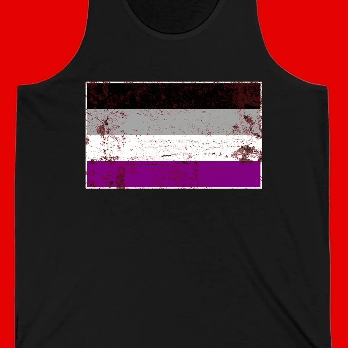 Distressed asexual pride flag with black, gray, white, and purple horizontal stripes with grunge texture overlay