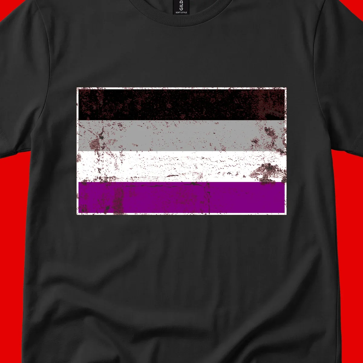 Distressed asexual pride flag with black, gray, white, and purple horizontal stripes with grunge texture overlay