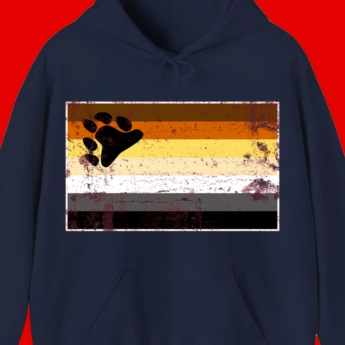 Black bear paw print on distressed horizontal striped pride flag in brown, orange, yellow, tan, white, gray and black colors