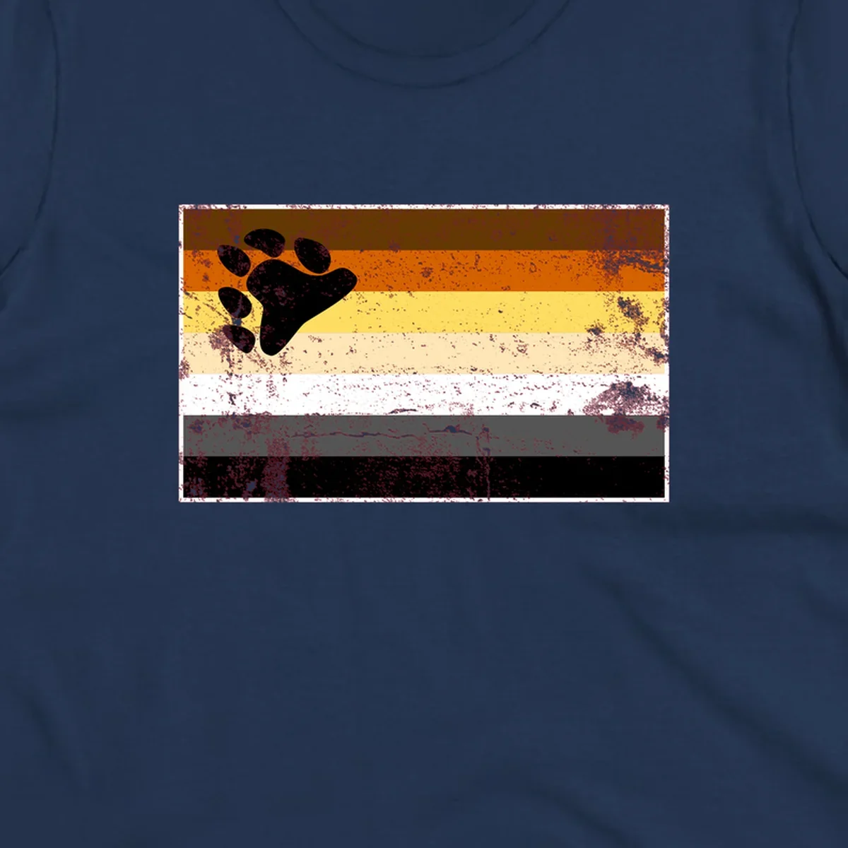 Black bear paw print on distressed horizontal striped pride flag in brown, orange, yellow, tan, white, gray and black colors