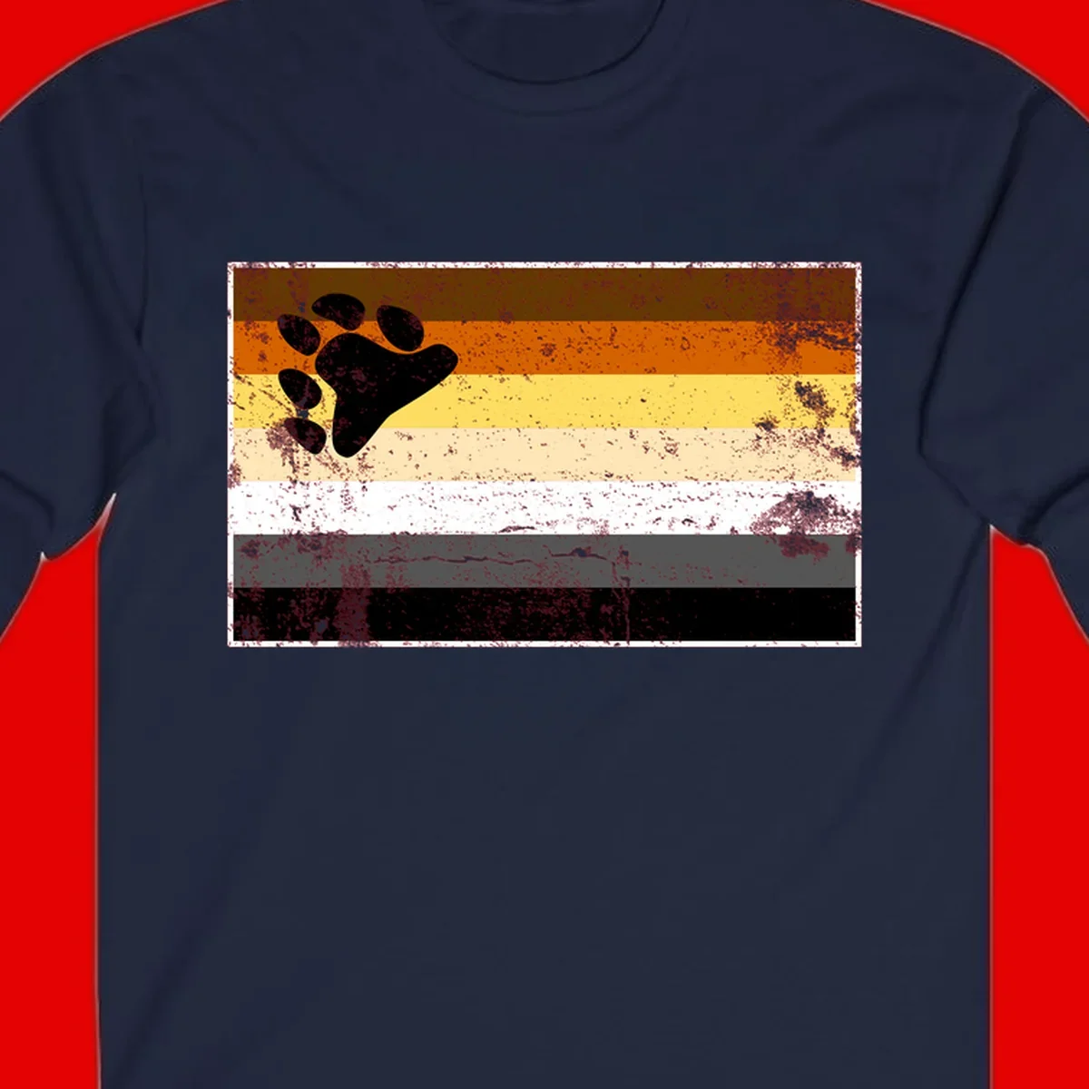 Black bear paw print on distressed horizontal striped pride flag in brown, orange, yellow, tan, white, gray and black colors