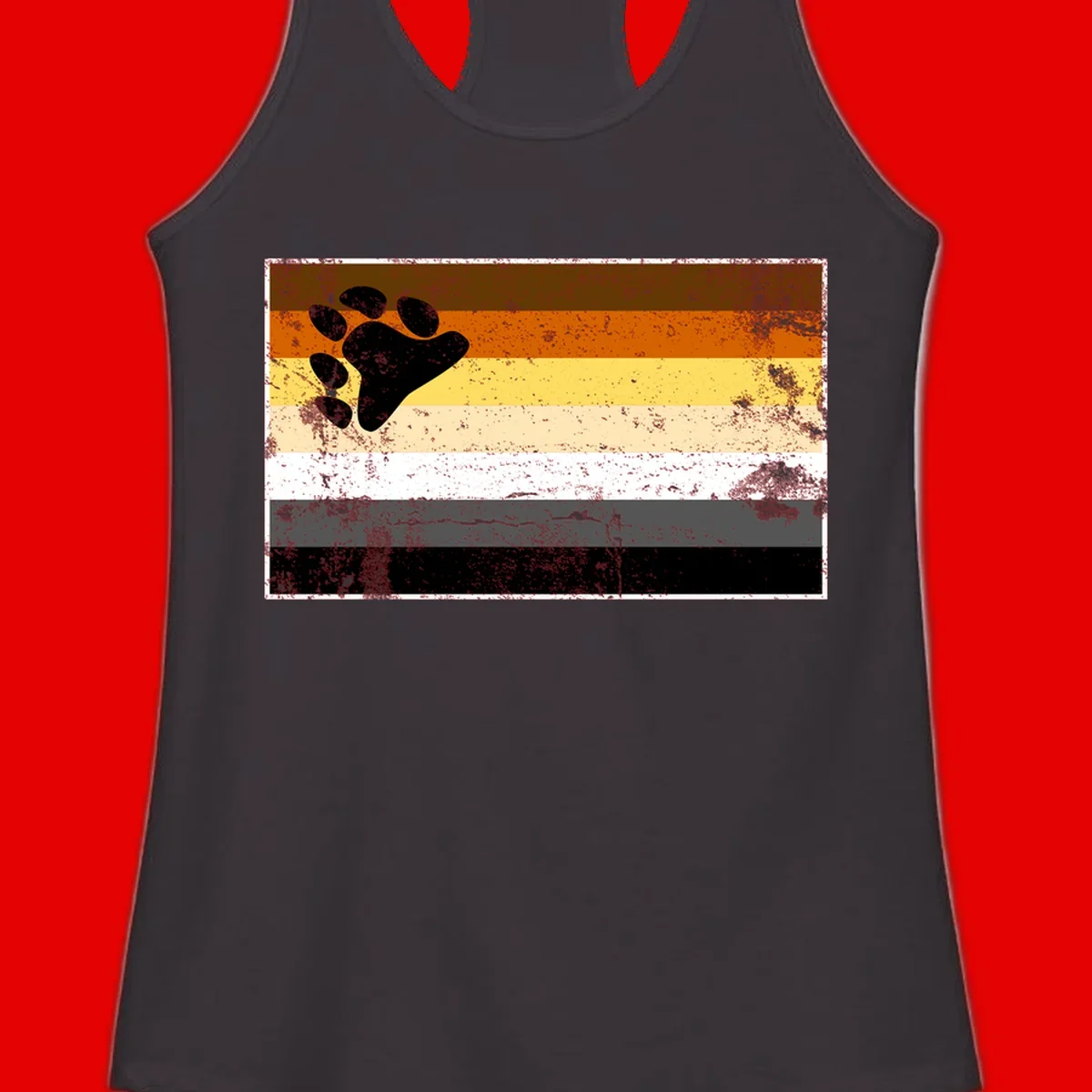 Black bear paw print on distressed horizontal striped pride flag in brown, orange, yellow, tan, white, gray and black colors