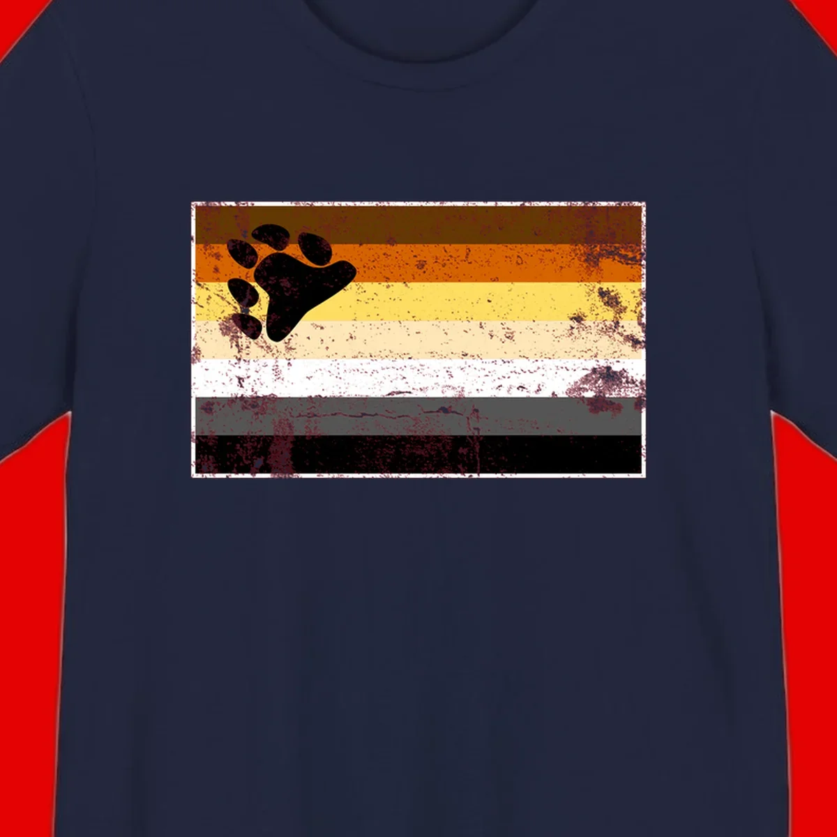 Black bear paw print on distressed horizontal striped pride flag in brown, orange, yellow, tan, white, gray and black colors