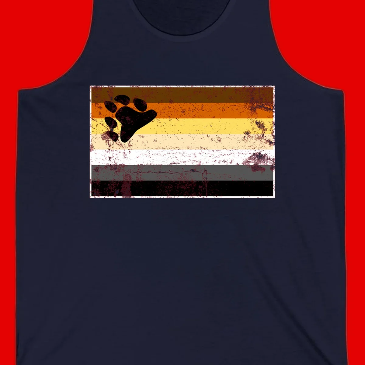 Black bear paw print on distressed horizontal striped pride flag in brown, orange, yellow, tan, white, gray and black colors