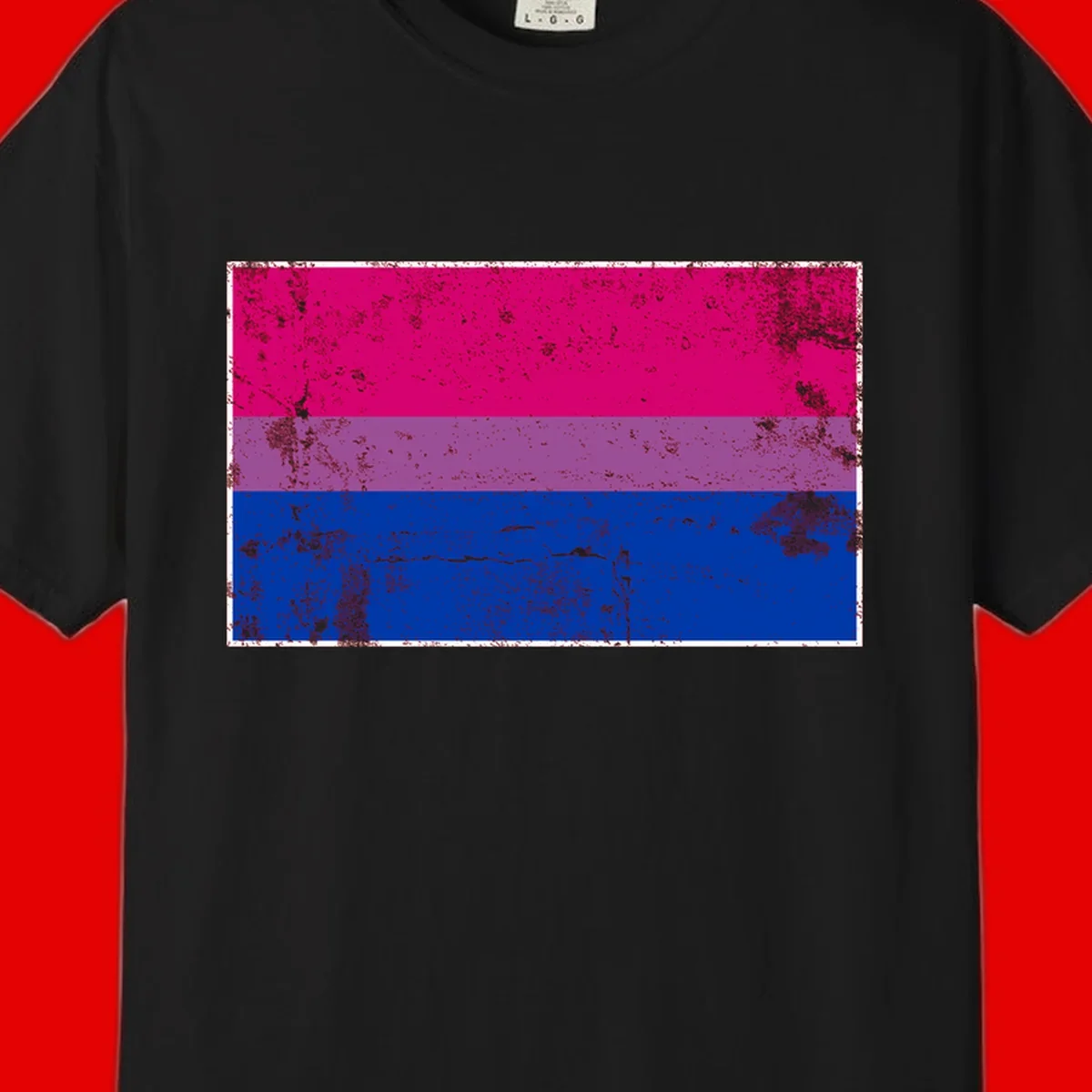 Distressed bisexual pride flag with magenta, purple, and blue horizontal stripes featuring weathered grunge texture overlay