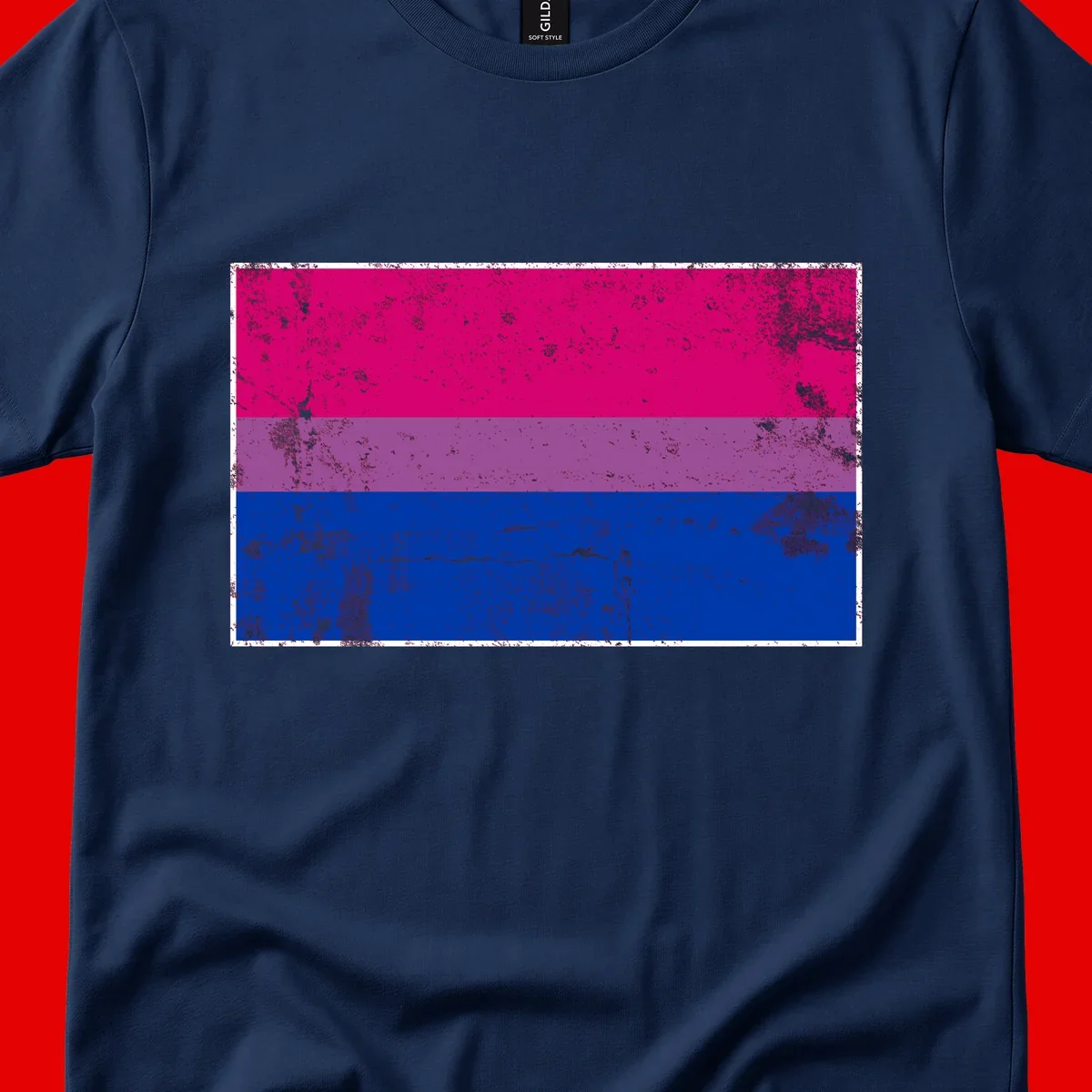 Distressed bisexual pride flag with magenta, purple, and blue horizontal stripes featuring weathered grunge texture overlay