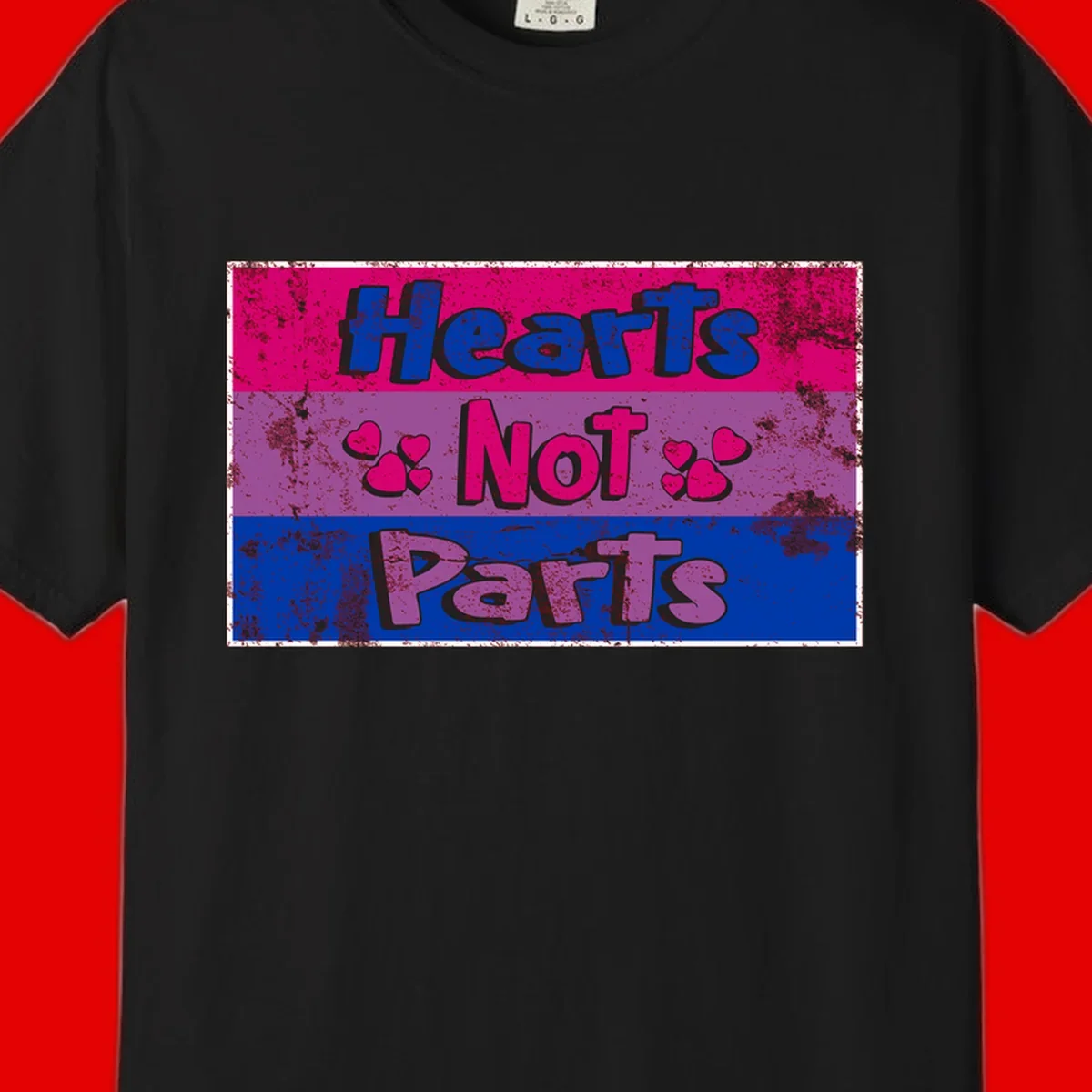 Distressed colorblock design with blue, magenta, and purple stripes featuring 'Hearts NOT Parts' text with heart icons, pride message artwork