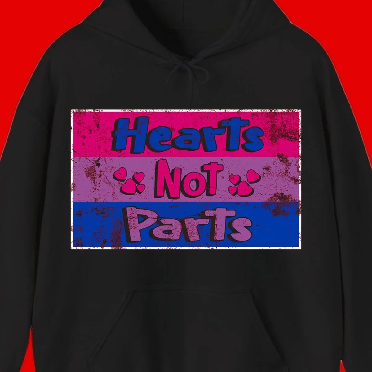 Distressed colorblock design with blue, magenta, and purple stripes featuring 'Hearts NOT Parts' text with heart icons, pride message artwork