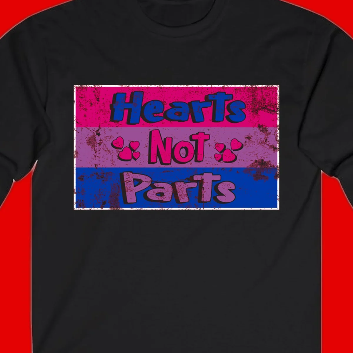 Distressed colorblock design with blue, magenta, and purple stripes featuring 'Hearts NOT Parts' text with heart icons, pride message artwork