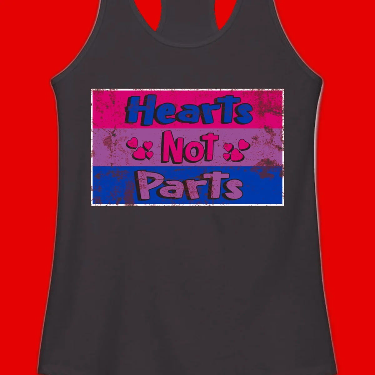 Distressed colorblock design with blue, magenta, and purple stripes featuring 'Hearts NOT Parts' text with heart icons, pride message artwork