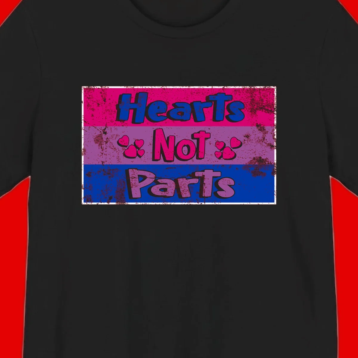 Distressed colorblock design with blue, magenta, and purple stripes featuring 'Hearts NOT Parts' text with heart icons, pride message artwork